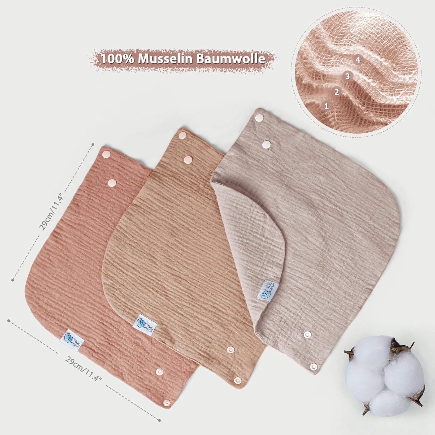 Thumbnail 2 de lulumoon Lätzchen Baby Absorbierendes Dreieckstuch – 4-Lagen Musselin, quadratisch 29 × 29 cm