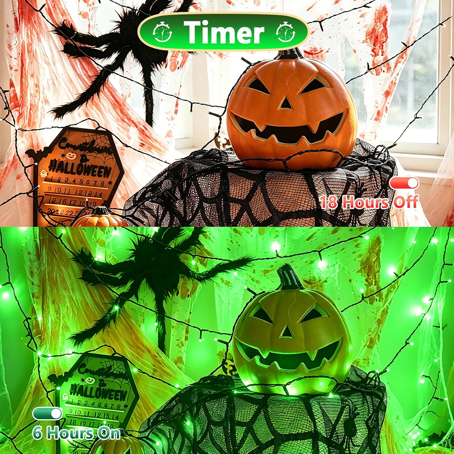Detalle 2 de Joolivo 2 Stück Halloween Lichterkette Outdoor – 12 m, 120 LEDs Grün
