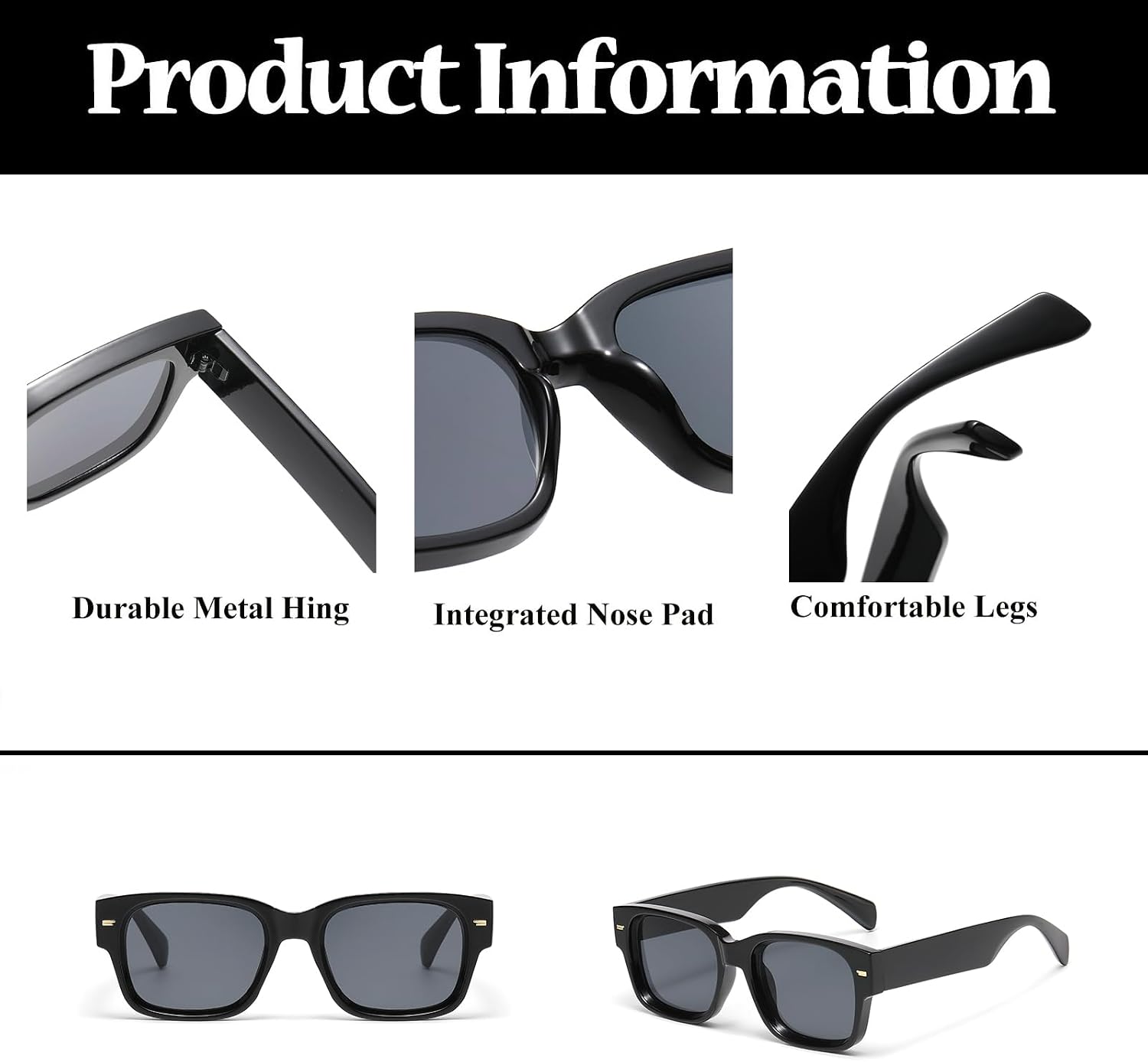 Detalle de LJCZKA Retro Thick Rectangle Sunglasses – Unisex Vintage Square Frames with UV400 Protection