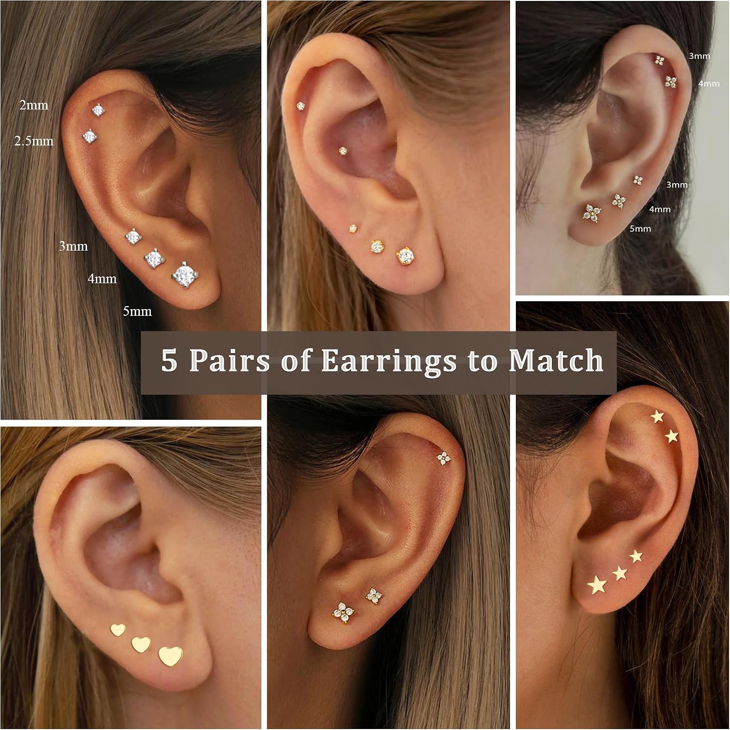 Thumbnail 2 de AVOTTO 5 Pairs Stud Earrings for Women – Hypoallergenic S925 Silver Set