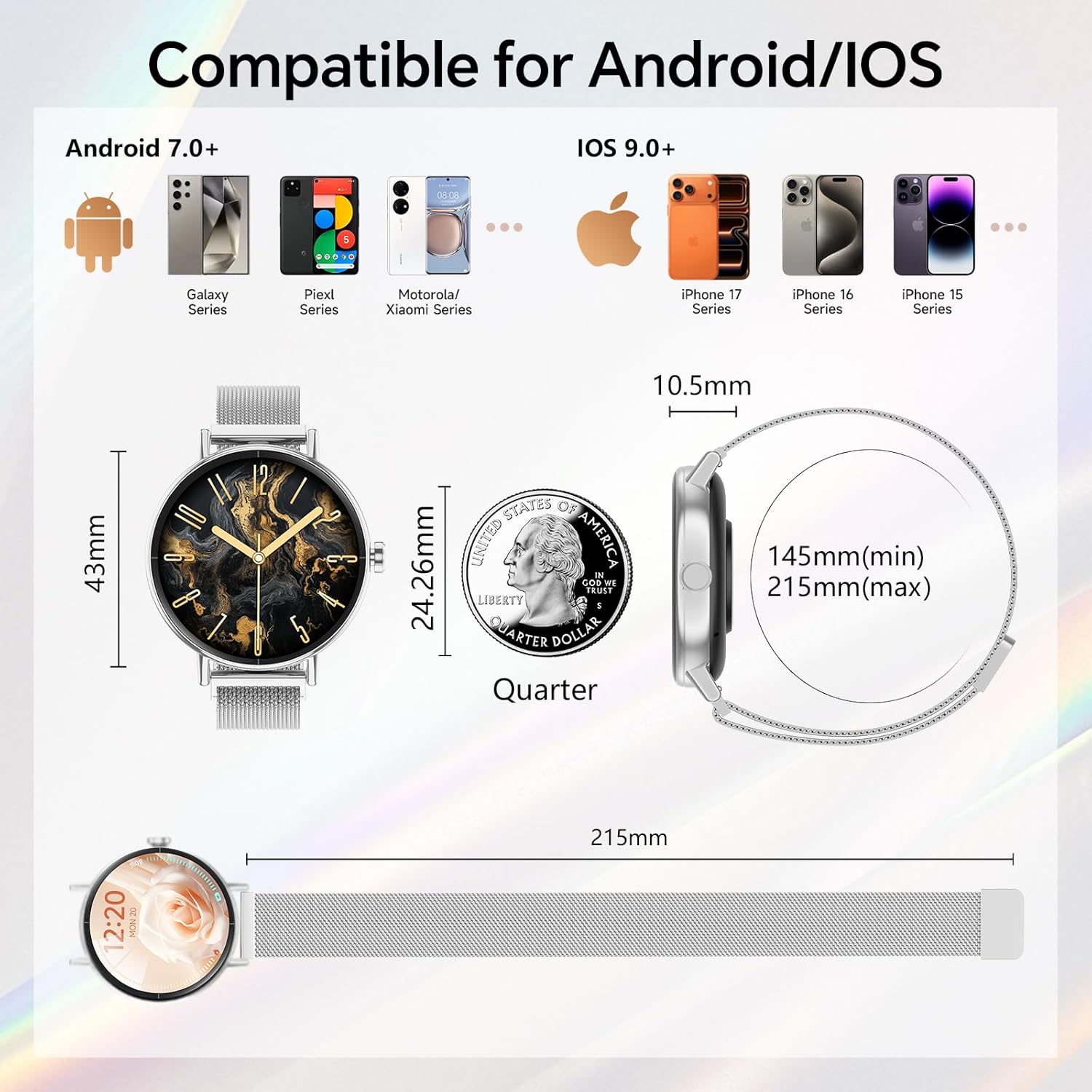 Thumbnail 5 de Smart Watches for Women 1.27" HD 43mm Round Fitness Tracker with Bluetooth Calling, SpO2 & IP68 (Silver)