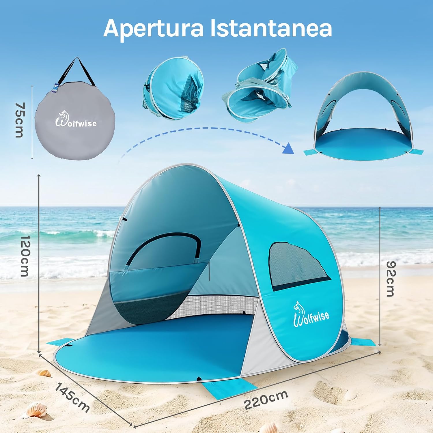Detalle de Wolfwise Tenda pop-up istantanea per 3-4 persone UPF 50+ 220x145x120 cm, blu