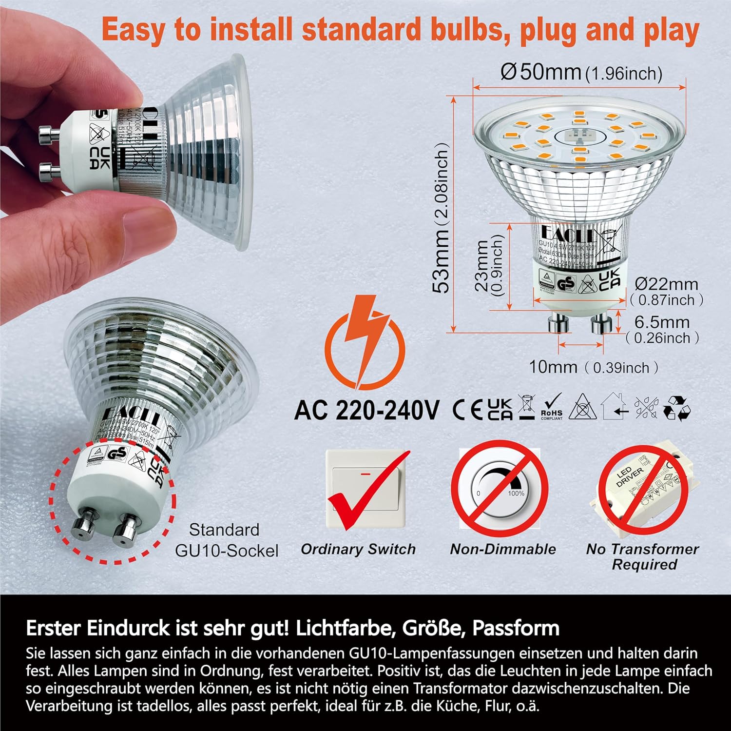 Thumbnail 3 de EACLL GU10 LED Warmweiß 4.9W, 10er-Pack – ersetzt 70W Halogenlampen, 515 lm, 2700K