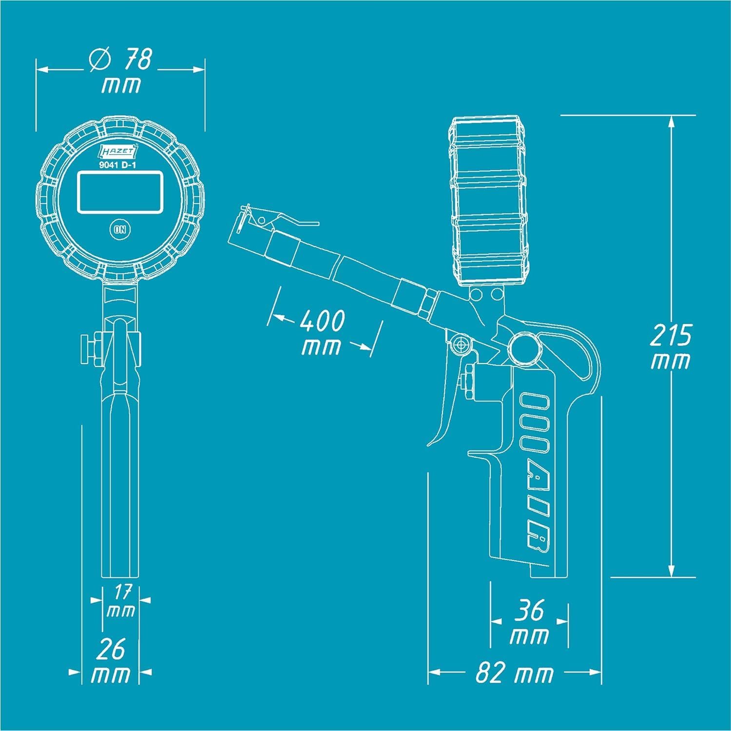 Detalle de HAZET Reifenfüll-Messgerät 9041D-1 – digitale Beleuchtung, 0–12 bar, 400 mm Schlauch