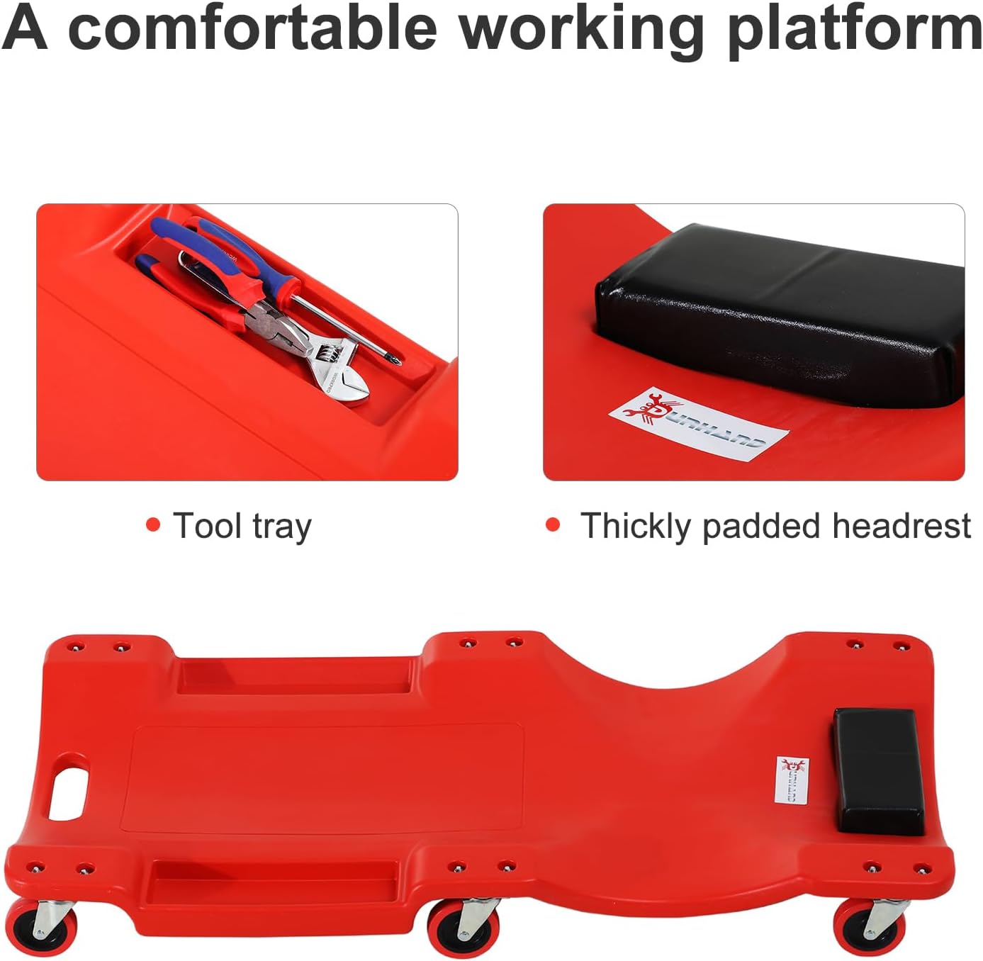 Detalle de DURHAND C21-007 Mechanic’s Creeper, Red, with Padded Headrest and Six Castors