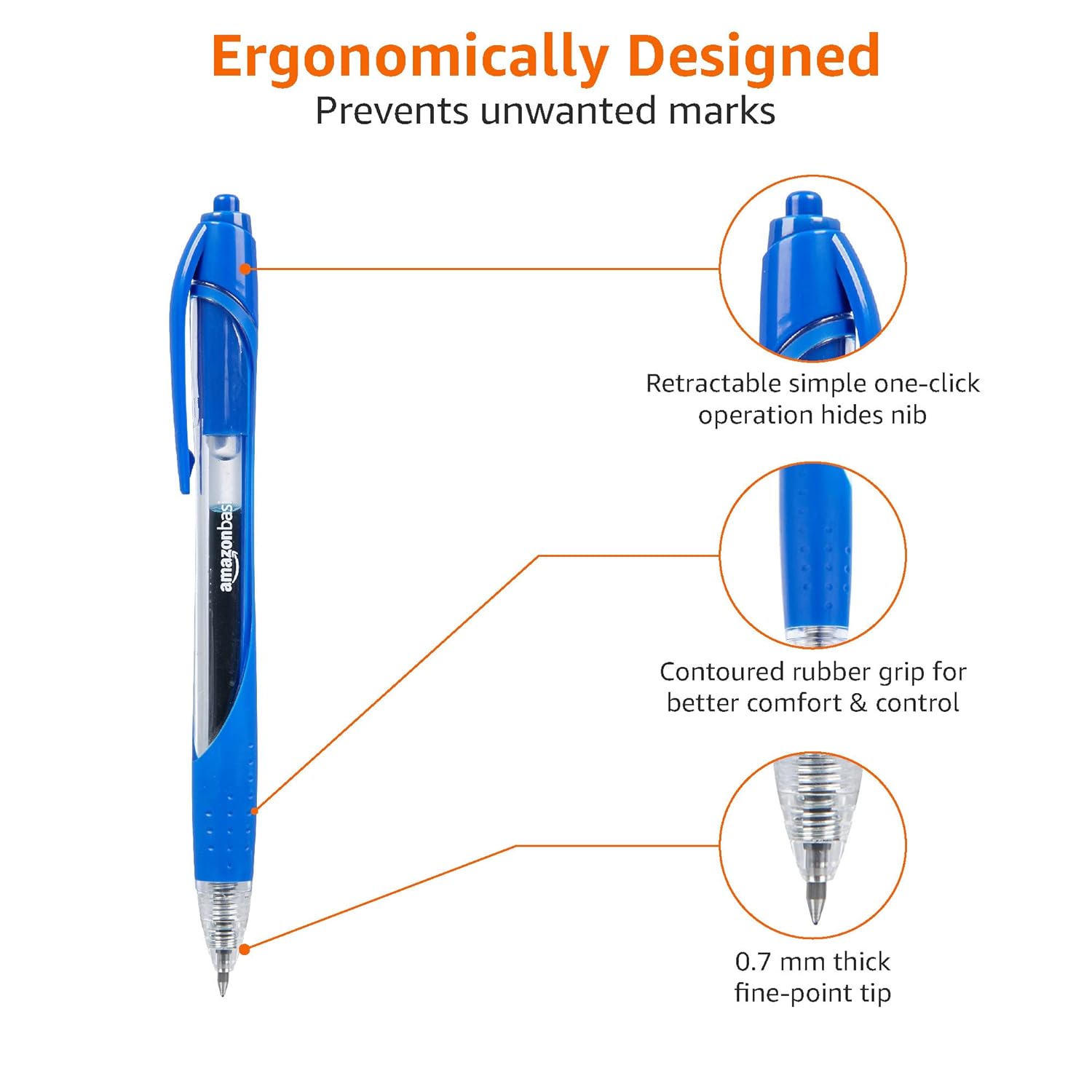 Detalle de Amazon Basics Penne a scatto con inchiostro gel blu, punta fine 0,7 mm – 12 pezzi (confezione da 1) IT