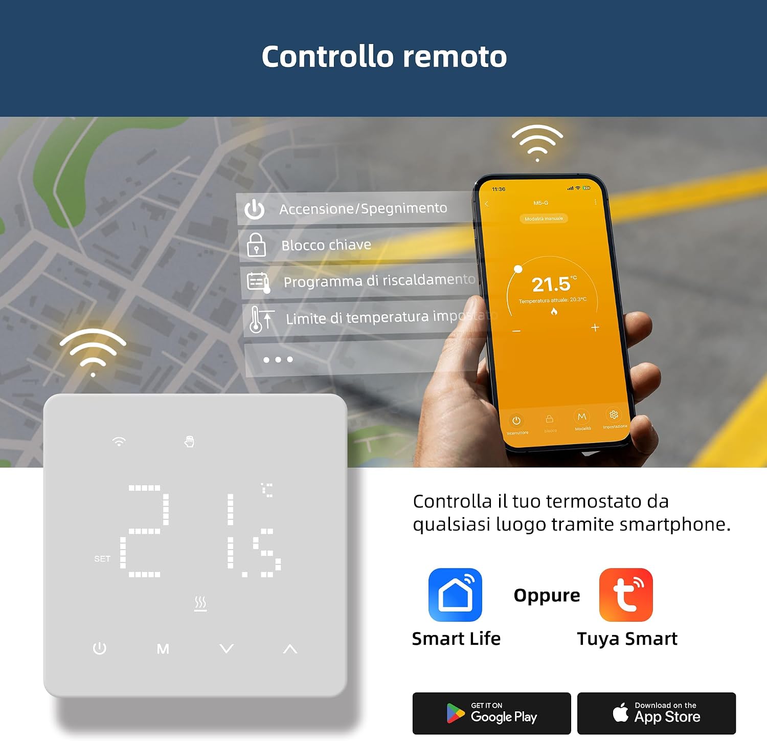 Detalle de Termostato ambiente WiFi TGM-50WPB con programmazione settimanale e controllo smart Tuya (compatibile Alexa e 2,4 GHz)
