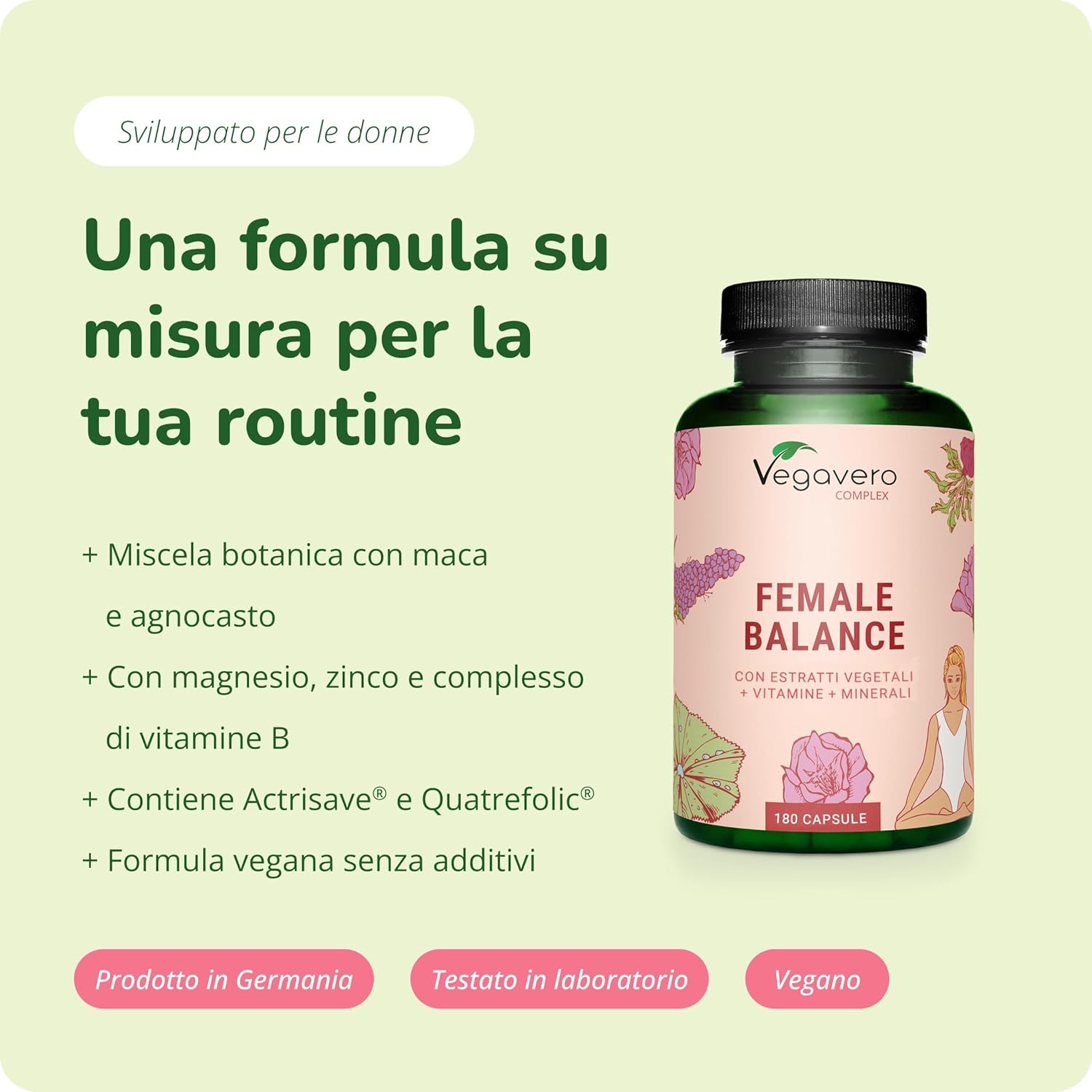 Detalle de Vegavero Female Balance 180 capsule: equilibrio ormonale vegano con agnocasto, maca e micronutrienti
