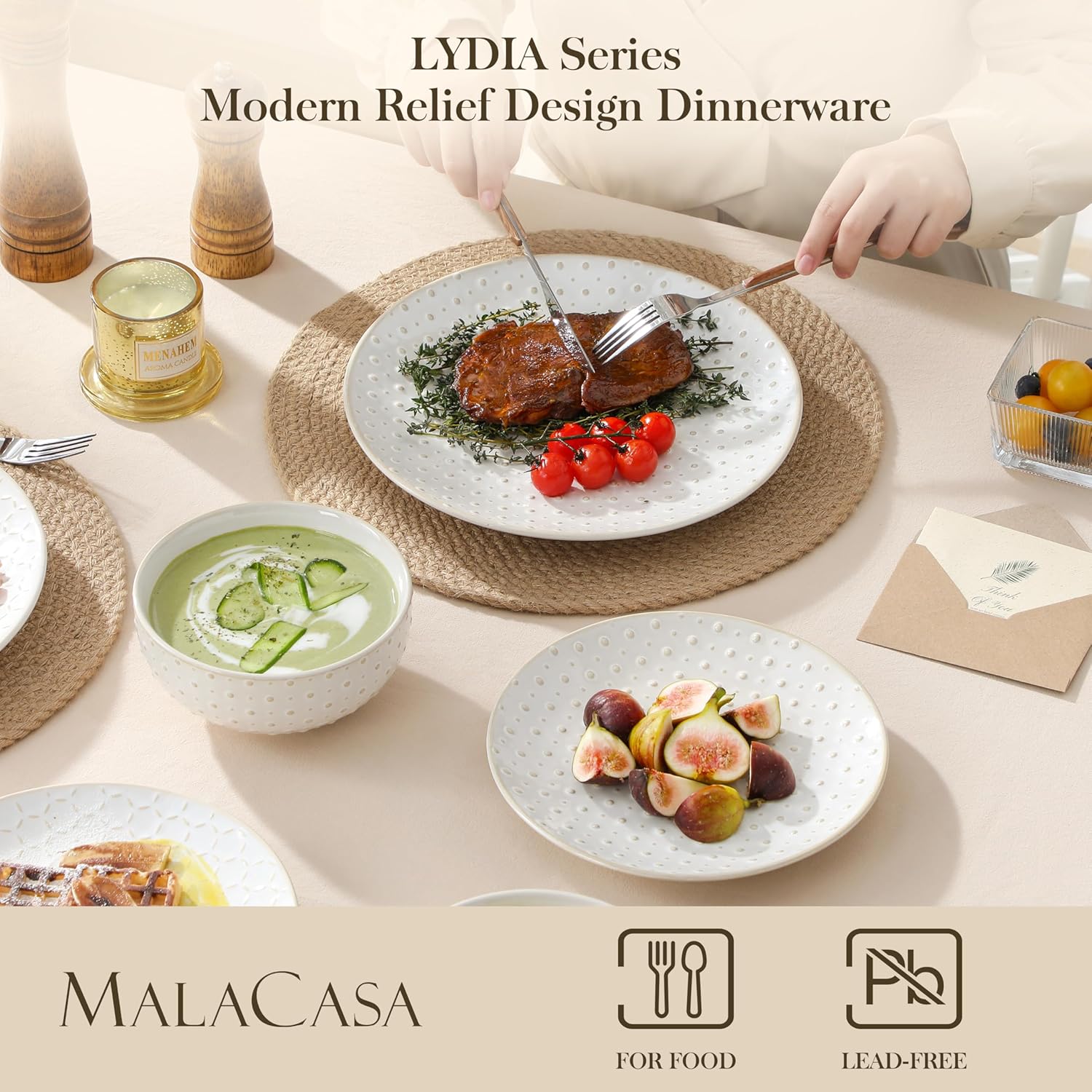 Thumbnail 2 de MALACASA 24-Piece Dinnerware Set for 8 — Embossed High- fired Ceramic Stoneware for Everyday & Entertaining
