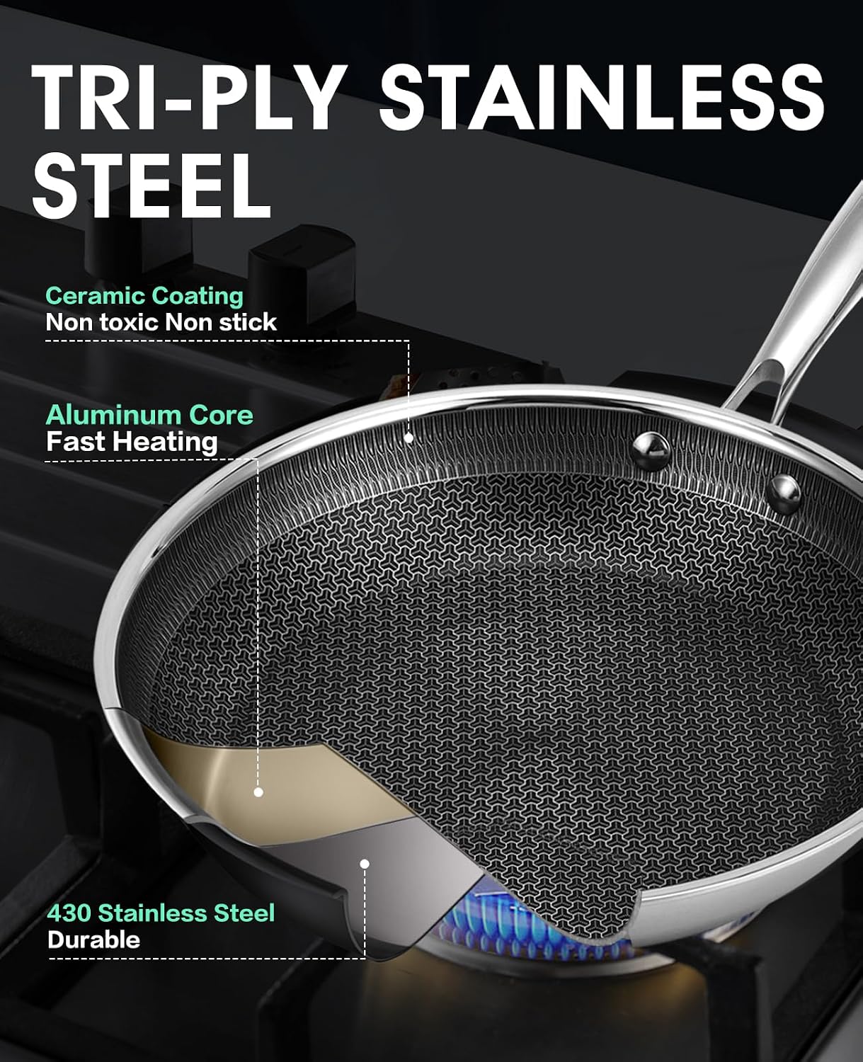 Detalle 2 de USELUCK Hybrid Nonstick Frying Pan Set, 8/10/12-Inch, Induction Compatible