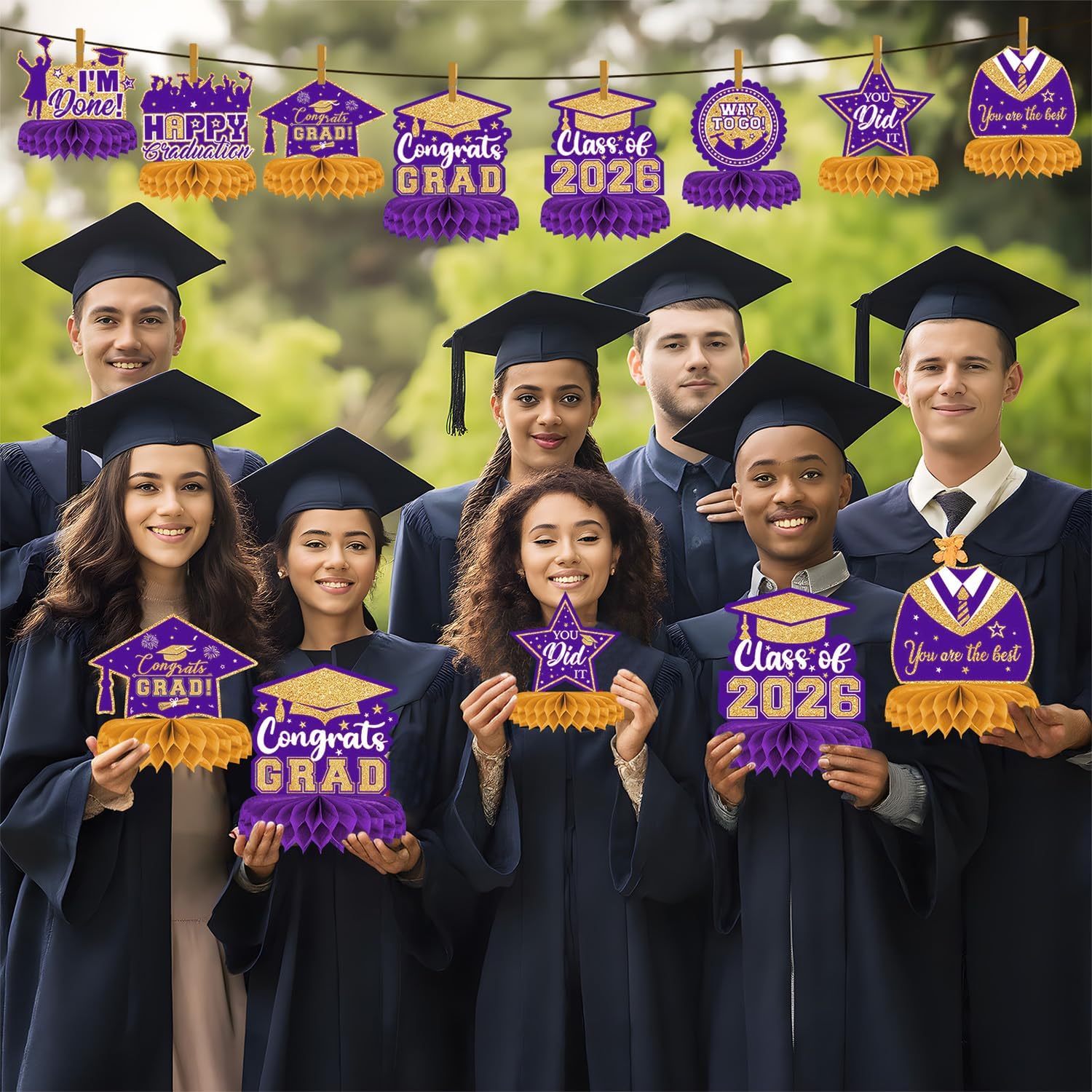 Thumbnail 6 de 8 Pieces Class of 2026 Graduation Table Decorations – Purple and Gold Honeycomb Centerpieces