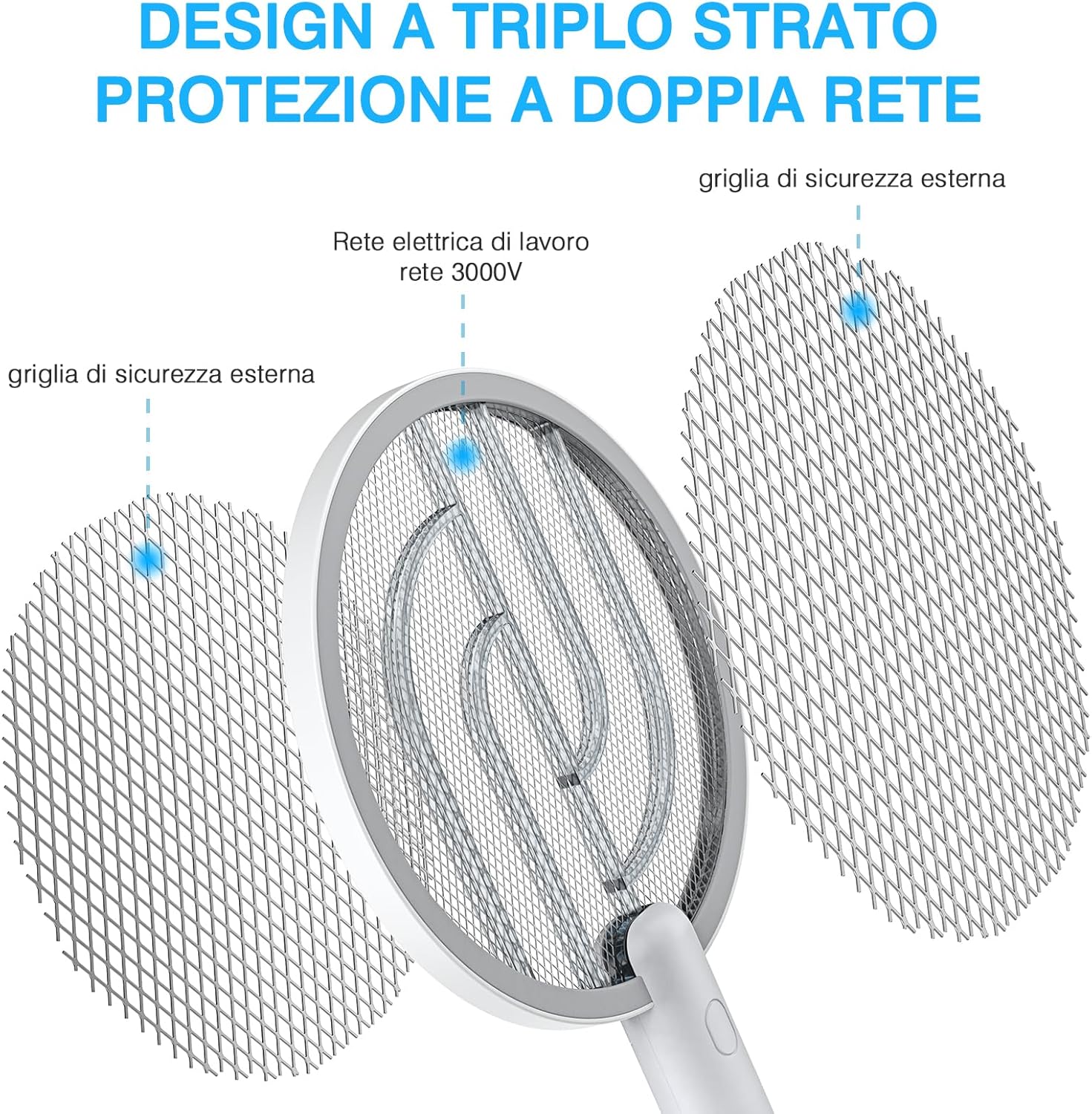 Thumbnail 3 de PALONE Racchetta Zanzare Elettrica 4000V con USB ricaricabile e LED 2-in-1 (bianco)