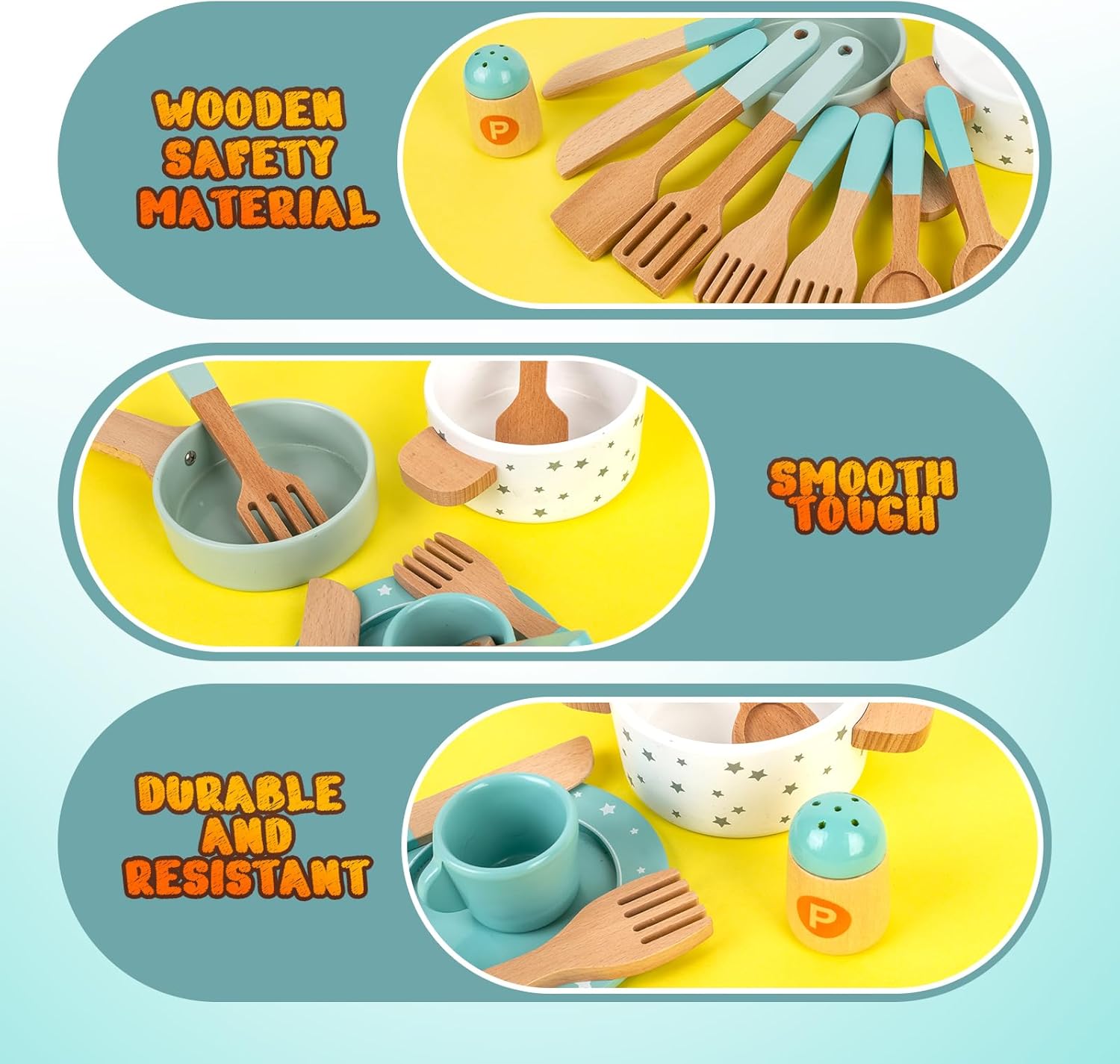 Detalle de Casseroles en bois jeu de cuisine pour enfants 🍲
