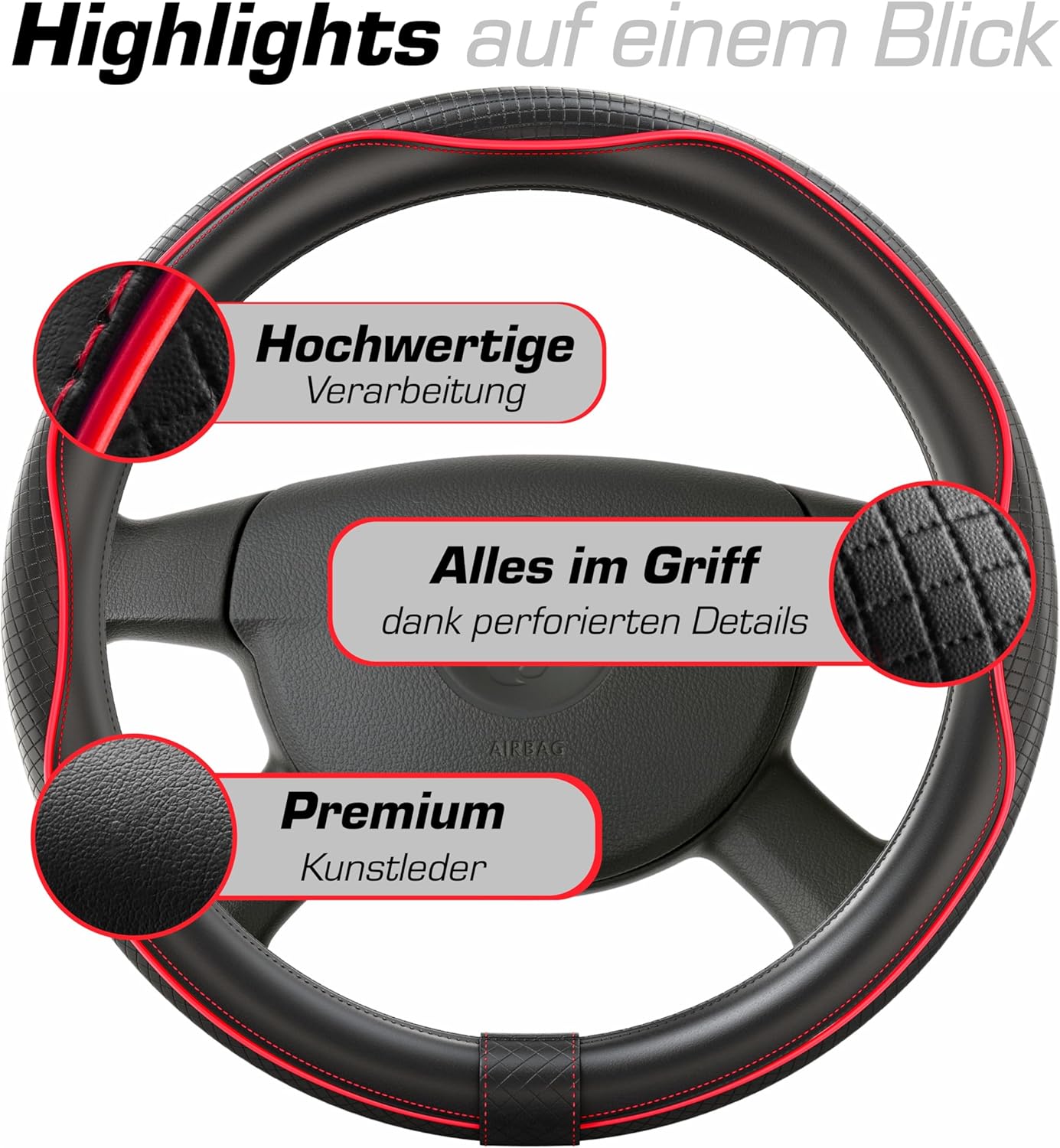 Thumbnail 3 de Upgrade4cars Lenkradbezug Rot Schwarz Leder-Optik