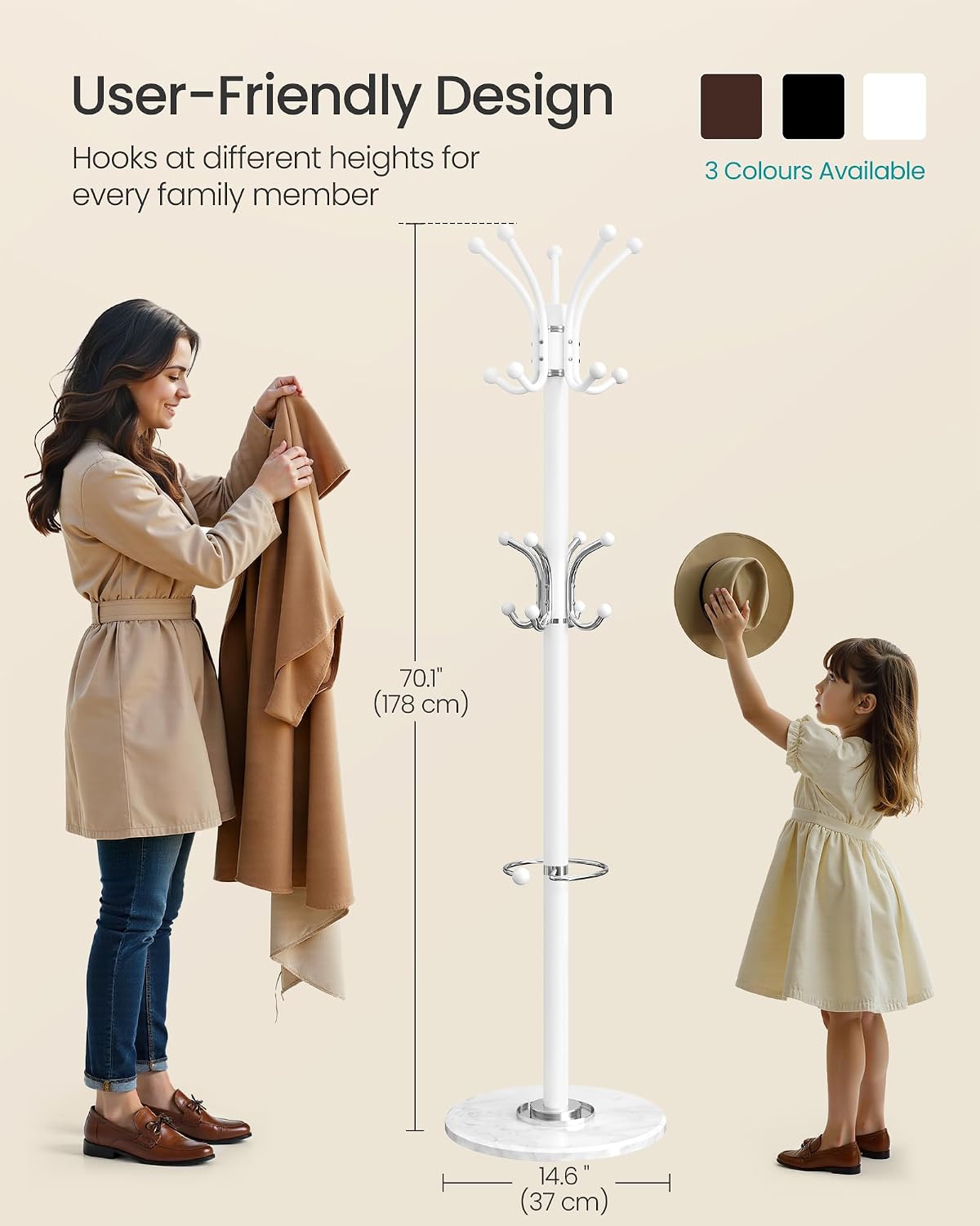Detalle 2 de SONGMICS ALAN RCR091WC01 Coat Rack with 18 Hooks, Umbrella Stand and Marble Base