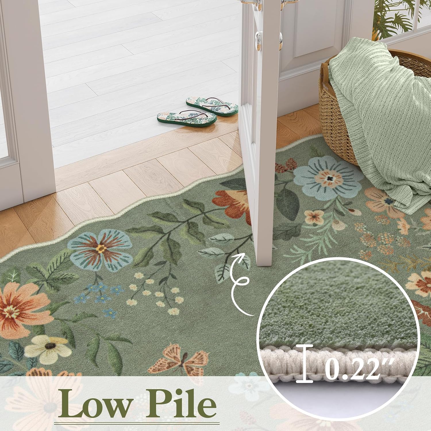Detalle de Lahome Floral Washable Round Area Rug, 5ft Round, Non-Slip, Boho Green