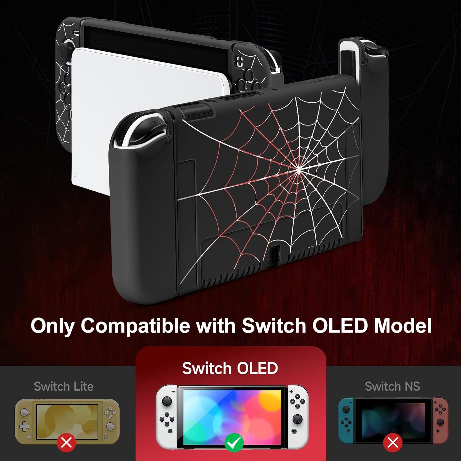 Detalle 2 de JINGDU Protective Case for Nintendo Switch OLED (2021) with 4 Thumb Grips – Black Spider Web