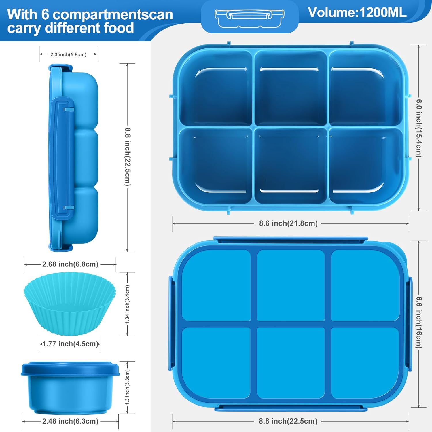 Thumbnail 1 de Amathley Kids & Adults Bento Lunch Box with 6 Compartments, Leakproof Design, Sauce Cup, Picks and Muffin Cups (Blue)