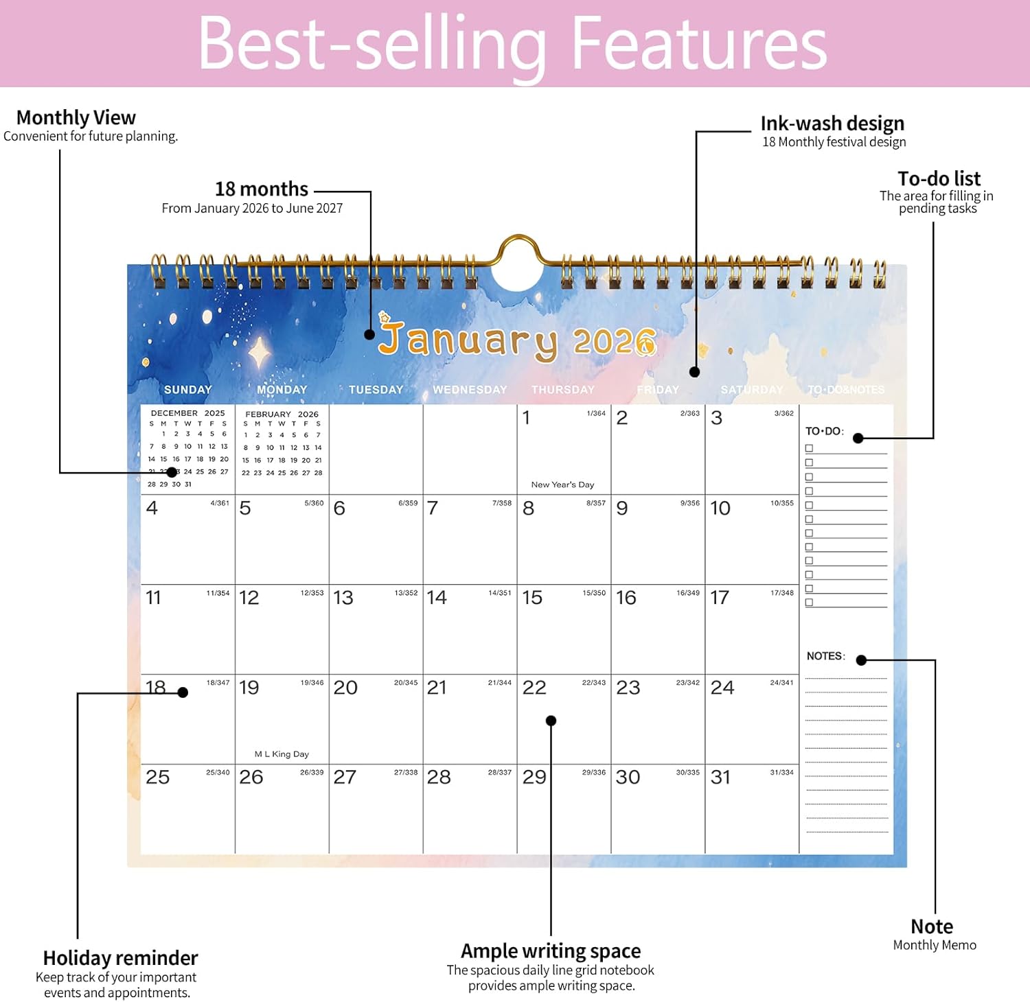 Thumbnail 2 de 2026-2027 Wall Calendar 18-Month Large Ruled Blocks 📅