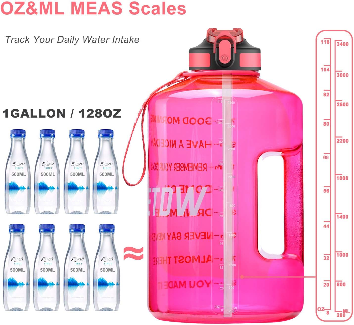 Detalle 2 de ETDW Gallon Water Bottle with Straw, Time Markers and Carry Handle
