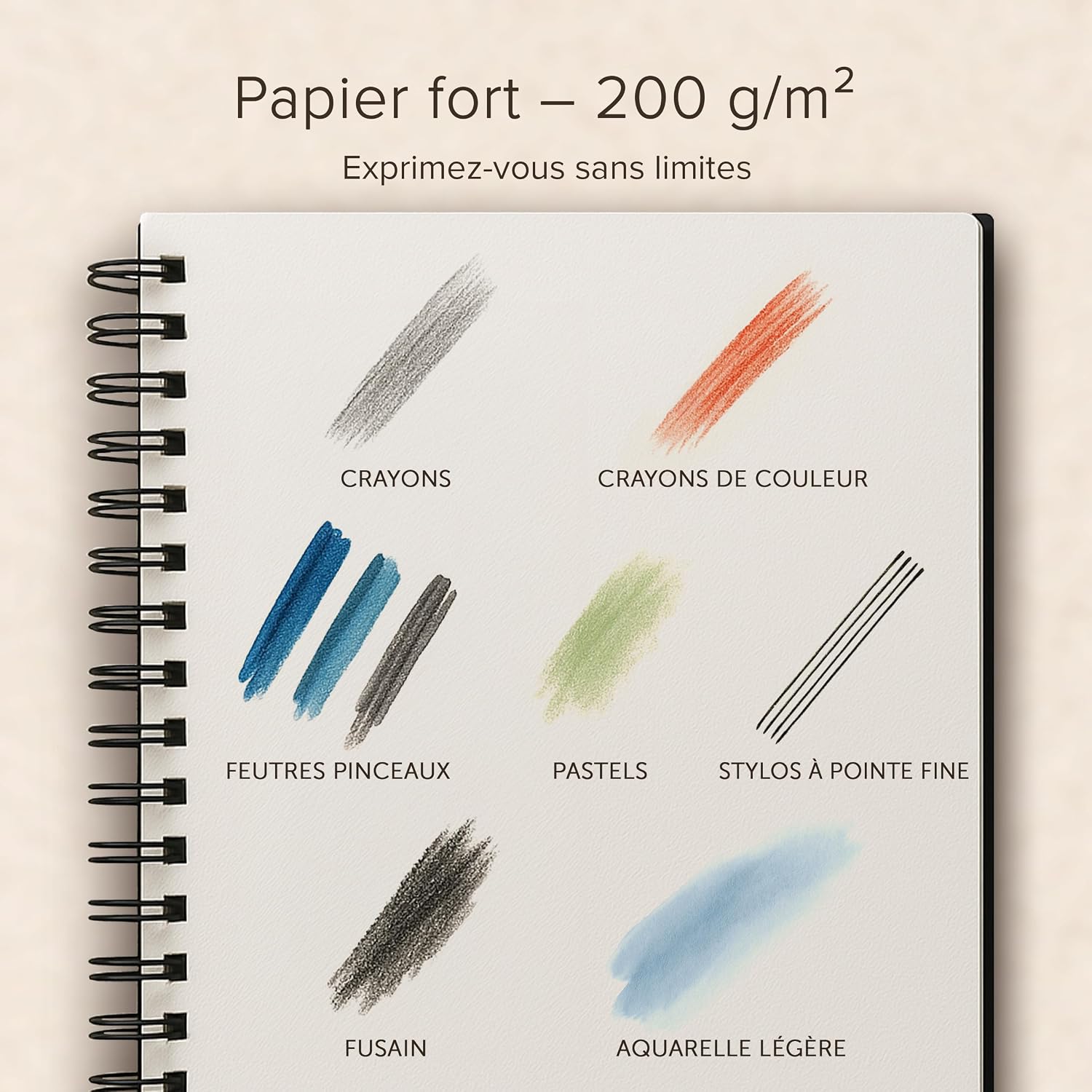 Detalle de Carnet à dessin relié A4 à spirales – Papier très épais 200 g/m², 40 feuilles (80 pages)
