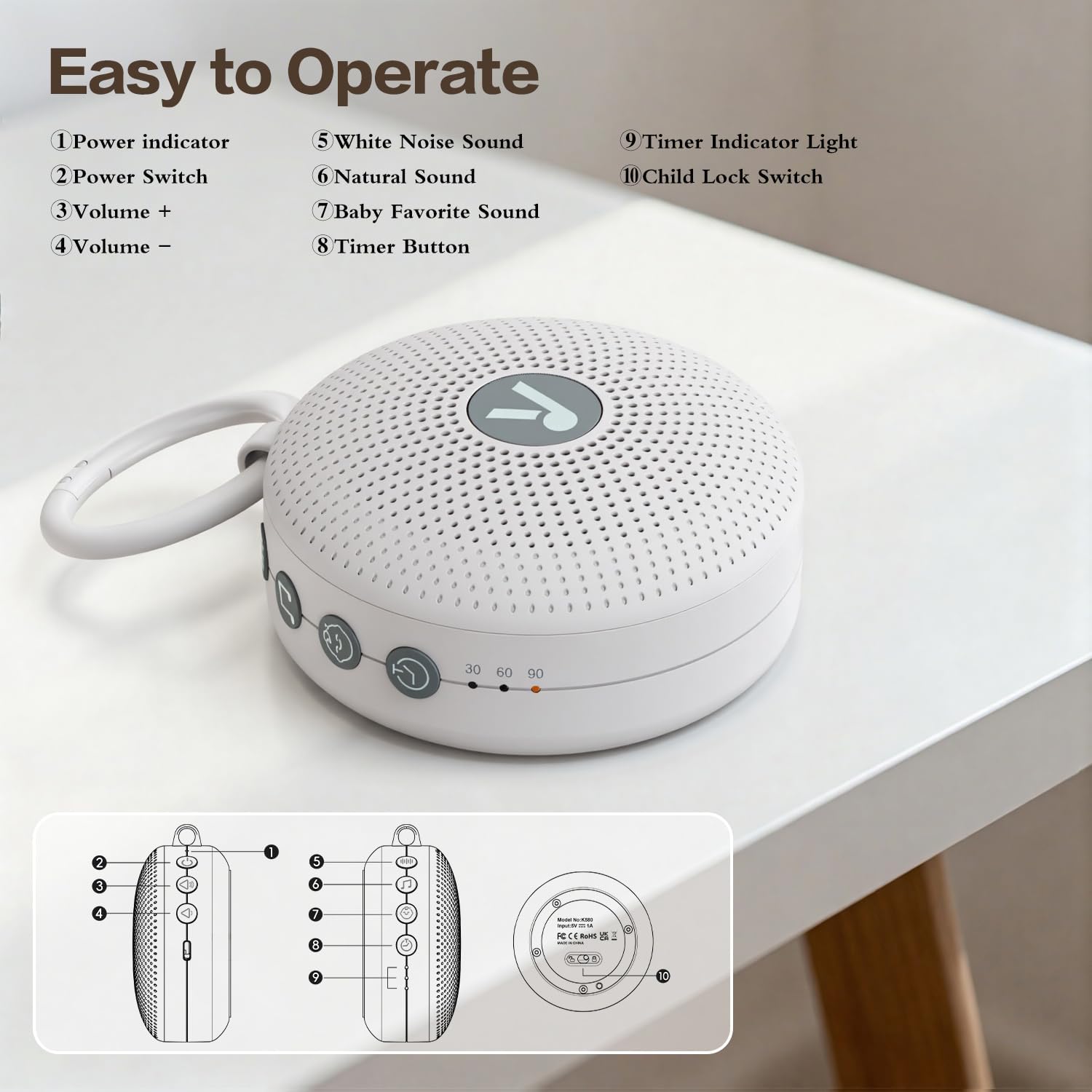 Detalle de FEKTIK White Noise Machine for Baby Adult – Portable Sound Machine with 21 Soothing Sounds, Memory & Rechargeable Battery