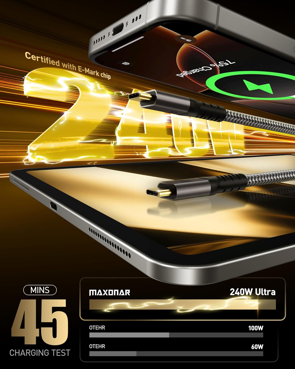 Thumbnail 3 de Maxonar Thunderbolt 5 Cable (3.3ft/1m) – up to 120Gbps video bandwidth, 240W charging