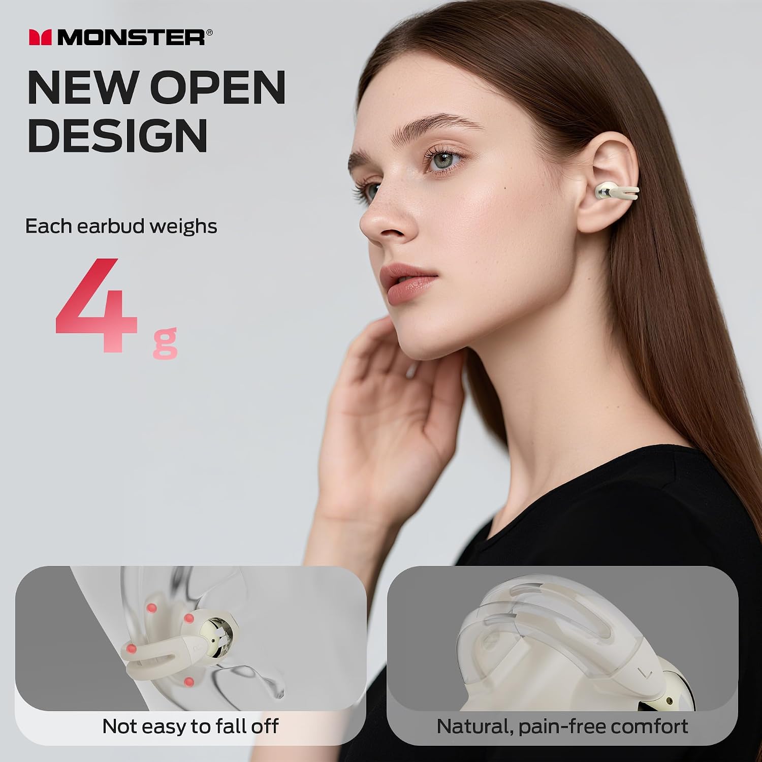 Detalle de Monster AC221 E103 Open-Ear Clip-On Earbuds, Bluetooth 6.0, IPX6