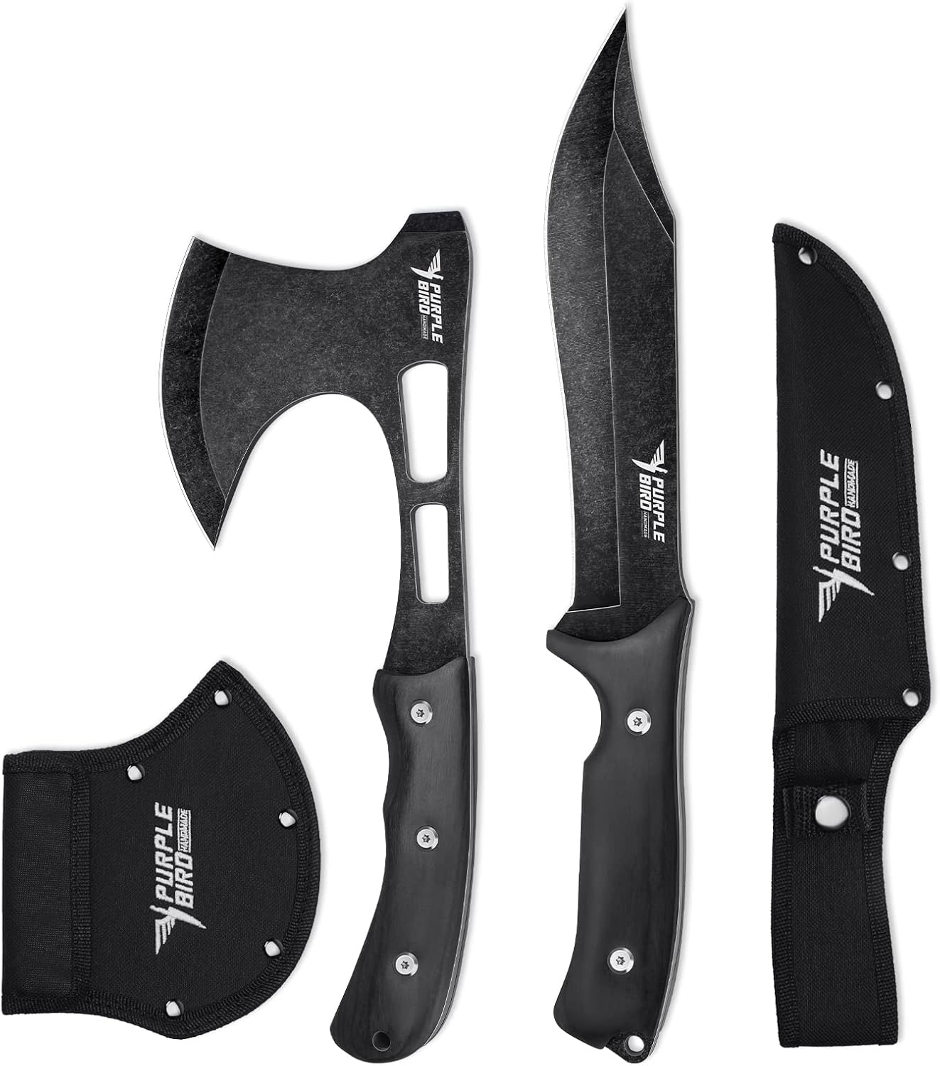 PURPLEBIRD Camping Axt Outdoor Messer Set – 2-teiliges Feststehendes Messer- und Axt-Set mit Nylonscheide und Geschenkbox