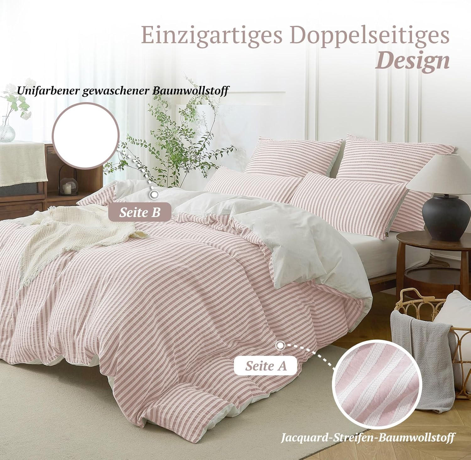 Thumbnail 2 de SOULFUL Bettwäsche 135x200 cm, 4-teilig — Jacquard Gestreift & Stone-Washed Baumwolle, OEKO-TEX, Rosa