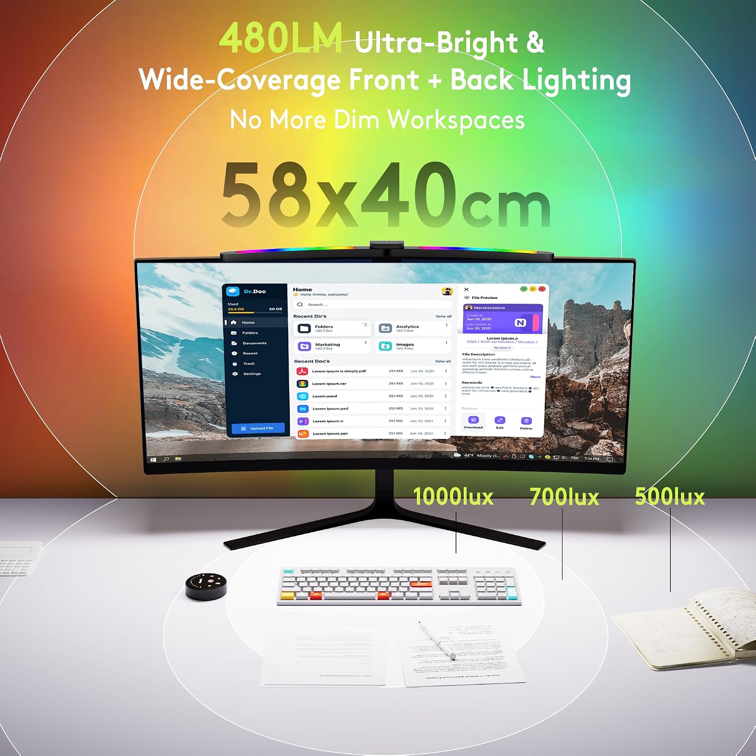 Detalle de Quntis LI-HY-0201-GY 26-inch RGB Curved Monitor Light Bar with Remote