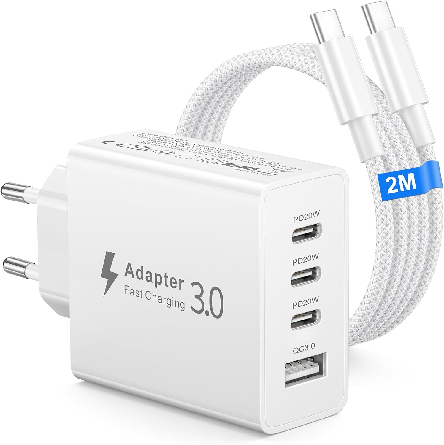 Detalle de Poukey 50W 4-poorts USB-C-lader met 3 USB-C-poorten en kabel van 2 m