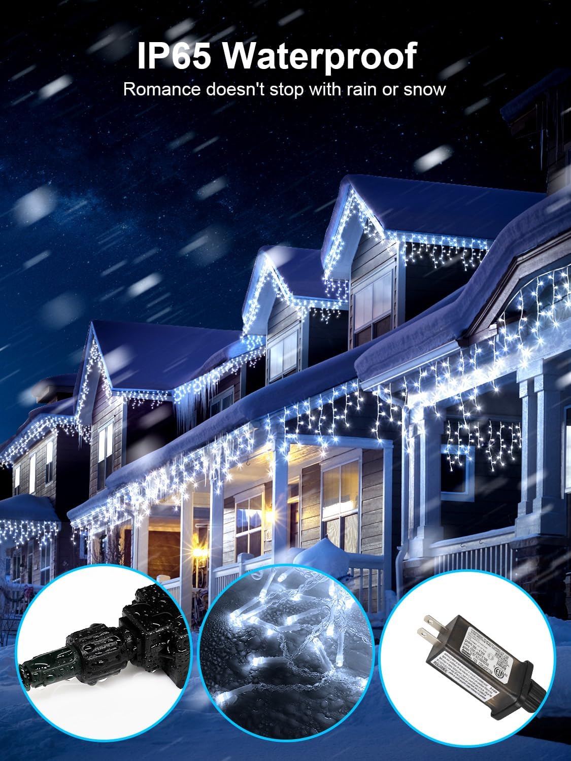 Detalle de DREAMLAND 50 ft Christmas Icicle Lights, 320 LEDs, IP65 Bulbs, Adjustable Brightness