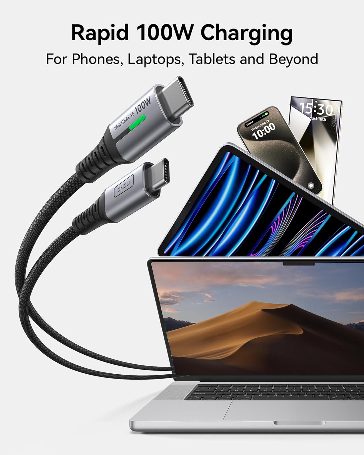 Detalle 2 de INIU USB C Cable 2m, 100W fast charging