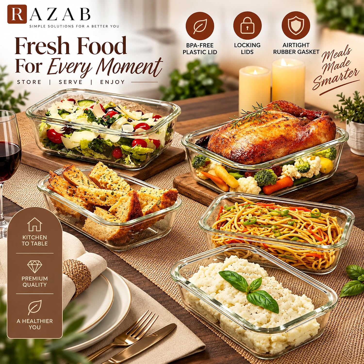Thumbnail 5 de Razab 63 oz 2-Pack Borosilicate Glass Food Storage Containers with Lids