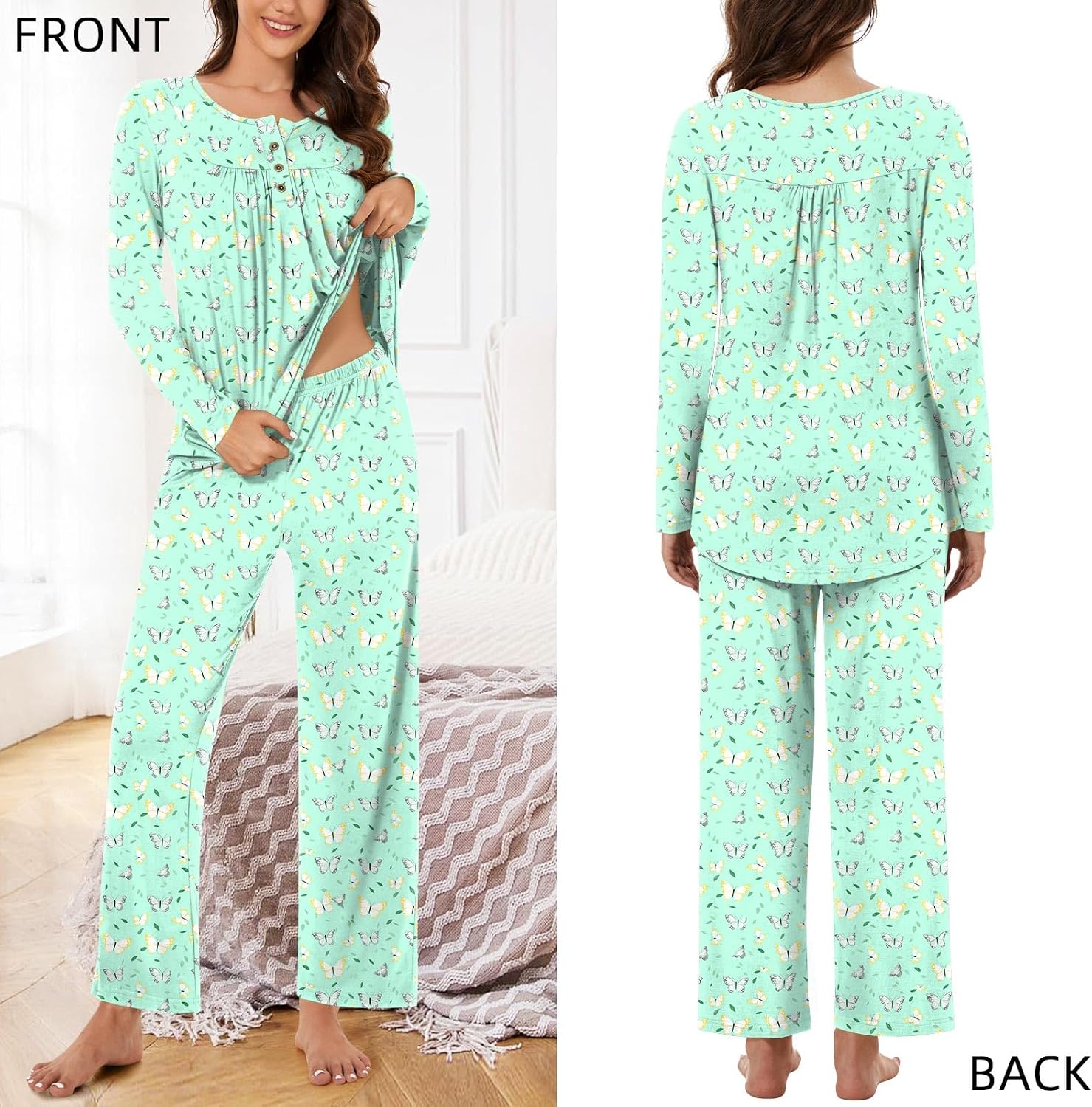Detalle de Bestbee Women's Two-Piece Pajama Set, Long Sleeves, Pockets, Rayon-Spandex
