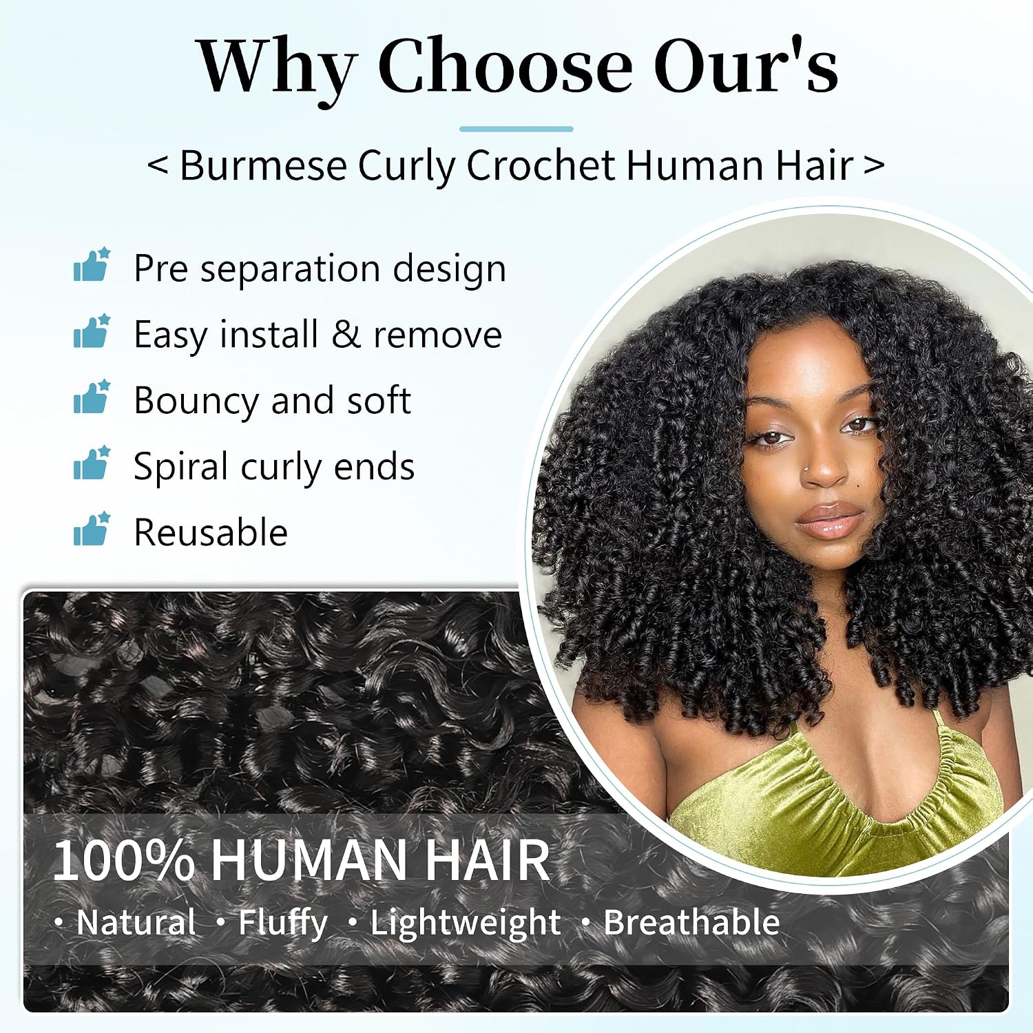 Detalle de KULYMUWIG 16-Inch Burmese Curly Human Crochet Hair with Pre-Separated Feather Bundles