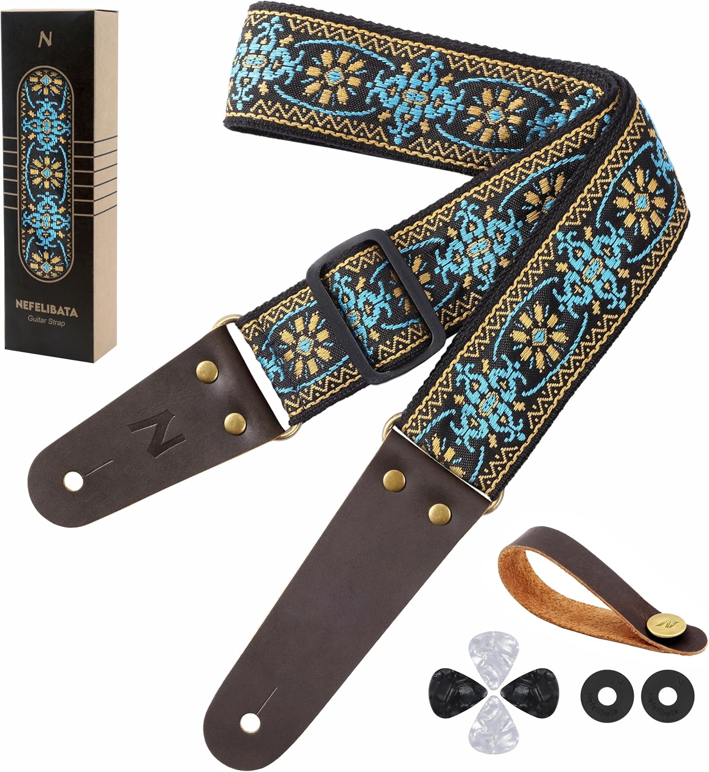 Detalle de Nefelibata Gitarrengurt – bestickter Baumwollgurt mit Rindslederenden, inkl. Plektren und Zubehör für alle Gitarrenarten
