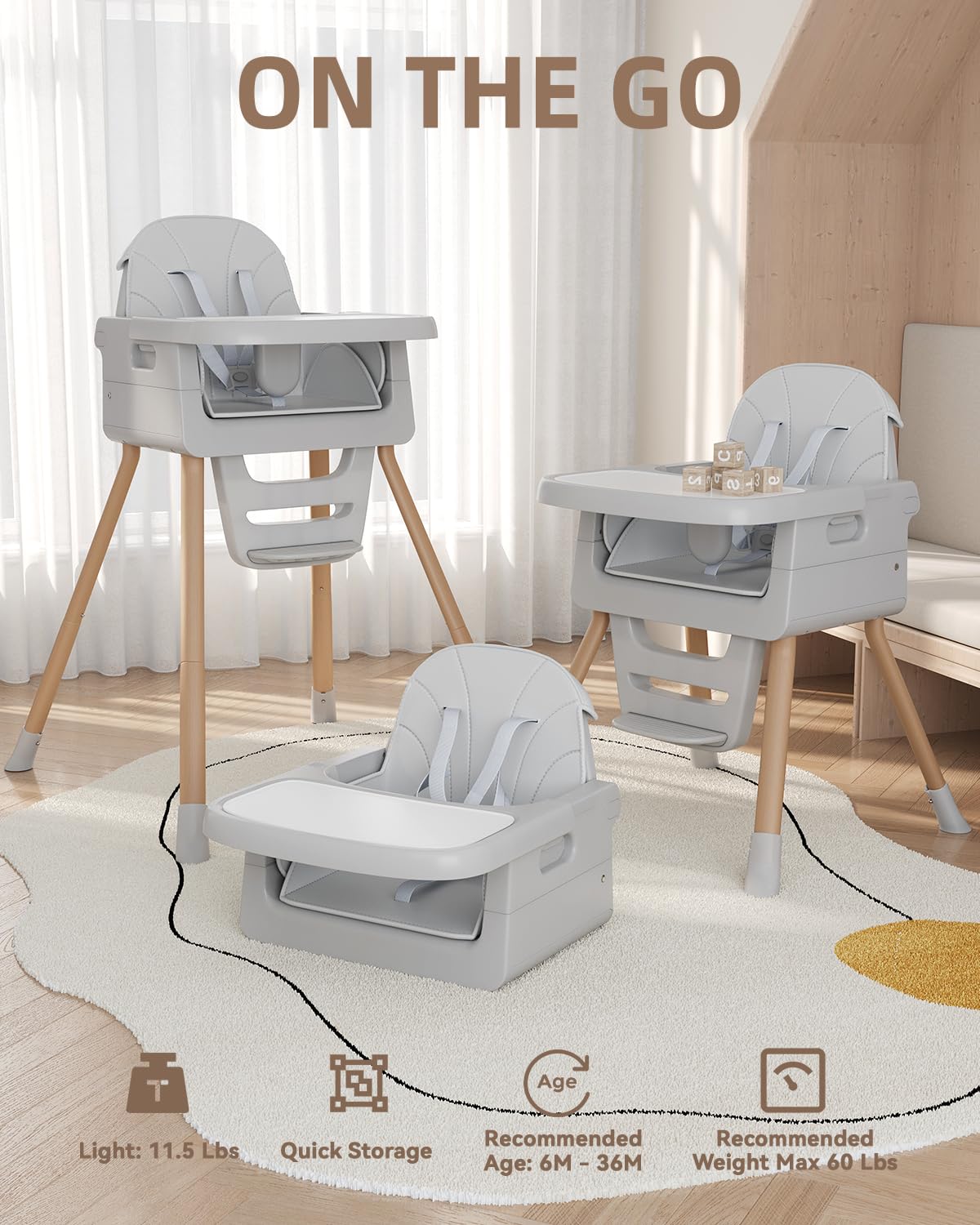 Detalle de EverKiddo Convertible High Chair, 4 Modes, Foldable, Adjustable Tray and Footrest