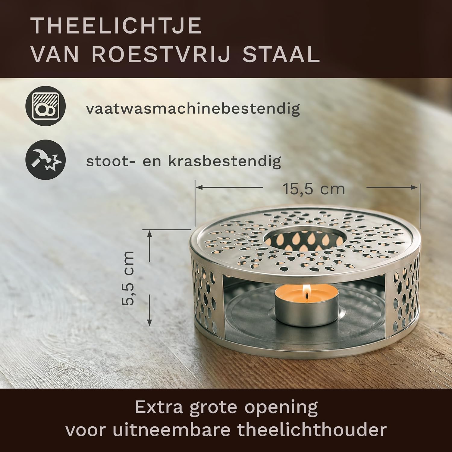 Detalle de Creano 419 glazen theepot Hoog 1 liter met RVS-filter en Leaf-theelichtwarmer