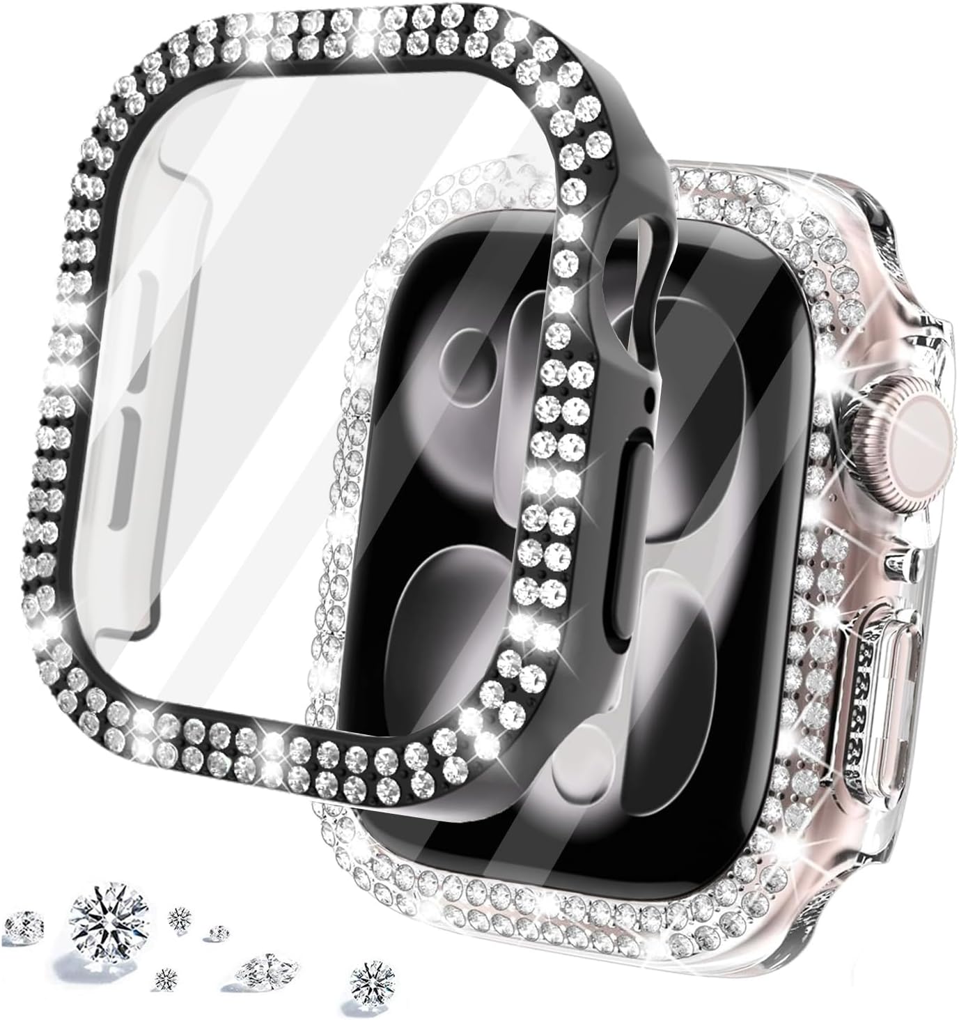 Detalle de DEALELE 2-Pack Tempered Glass Case for Apple Watch Series 10 (46mm) with Bling Double-Row Diamond Design