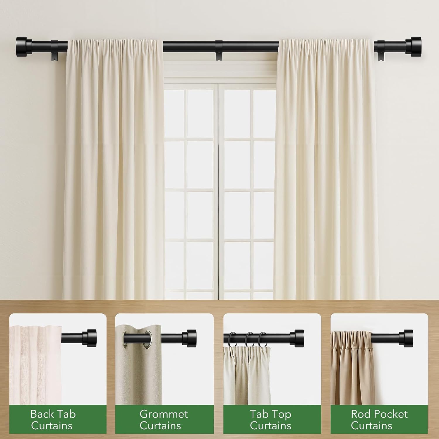 Detalle de Time Forest Black Curtain Rods for Windows (32"–120"), 1-Inch Heavy-Duty Adjustable Rod with End Caps