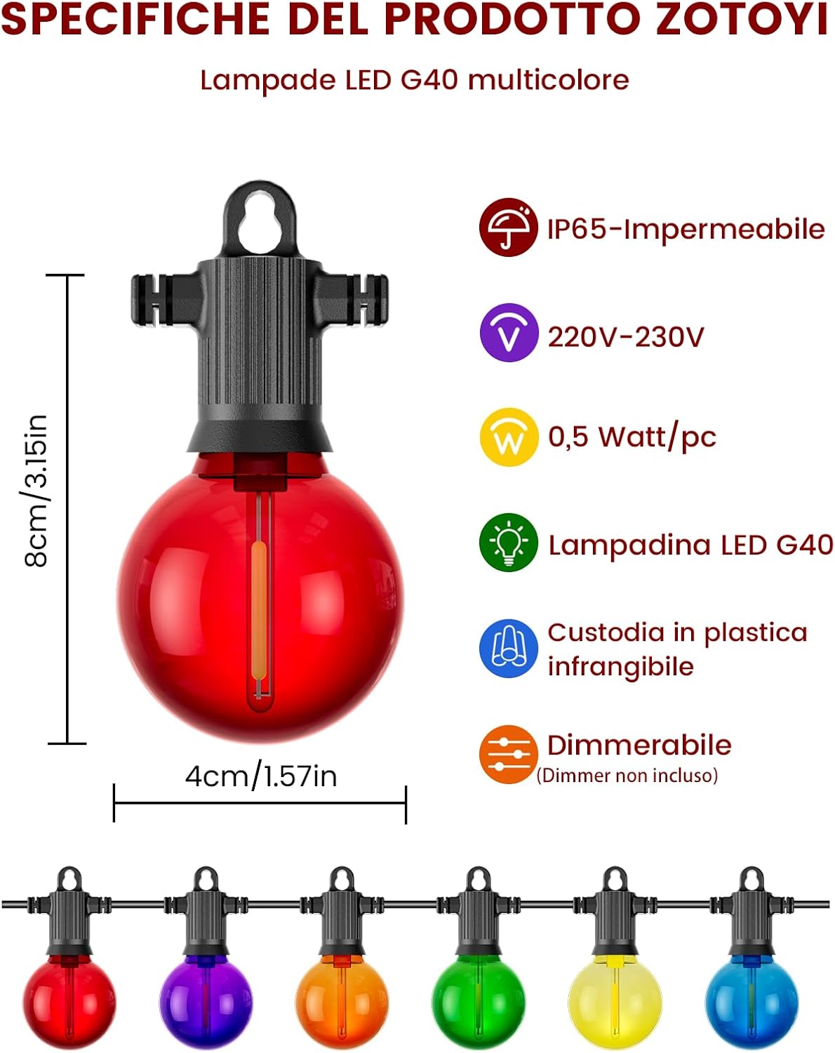 Detalle de ZOTOYI Lampadine LED G40 Accessorio Multicolore per Luci a Sfera – 30 pezzi, IP65, plastica infrangibile