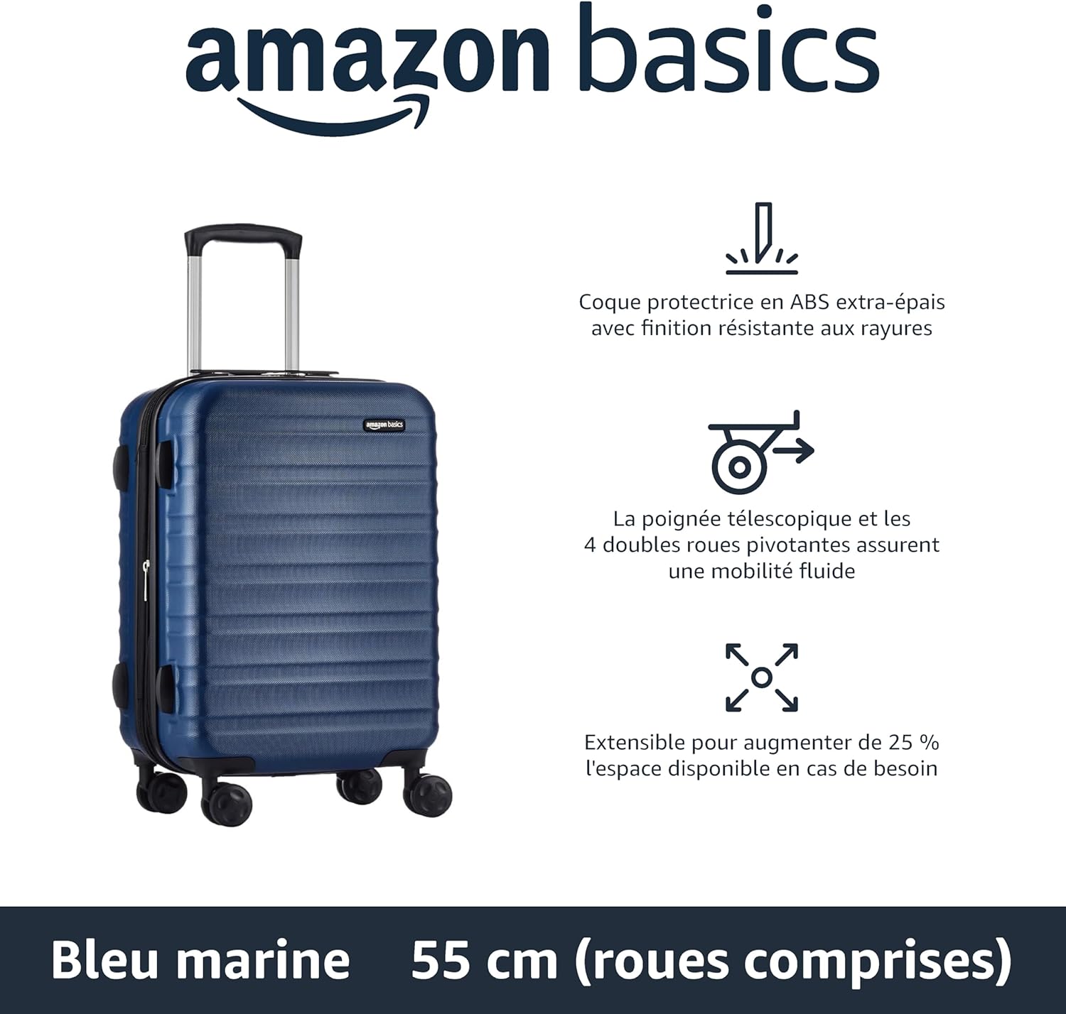 Detalle 2 de Amazon Basics Valise Rigide Petite – Bagage à Main Extensible ABS 55 cm, 4 Roulettes Doubles Pivotantes