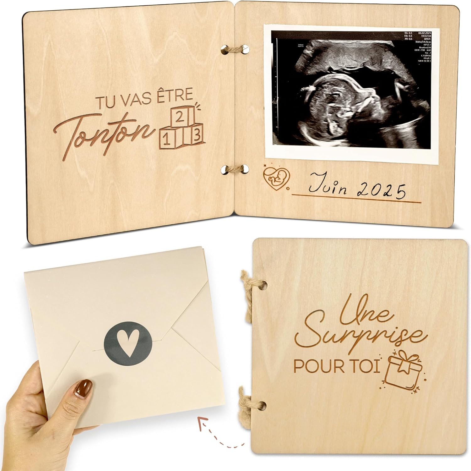 Annonce grossesse en bois : carte “grand-parents, mamie, tata, tonton” personnalisée avec photo d’échographie