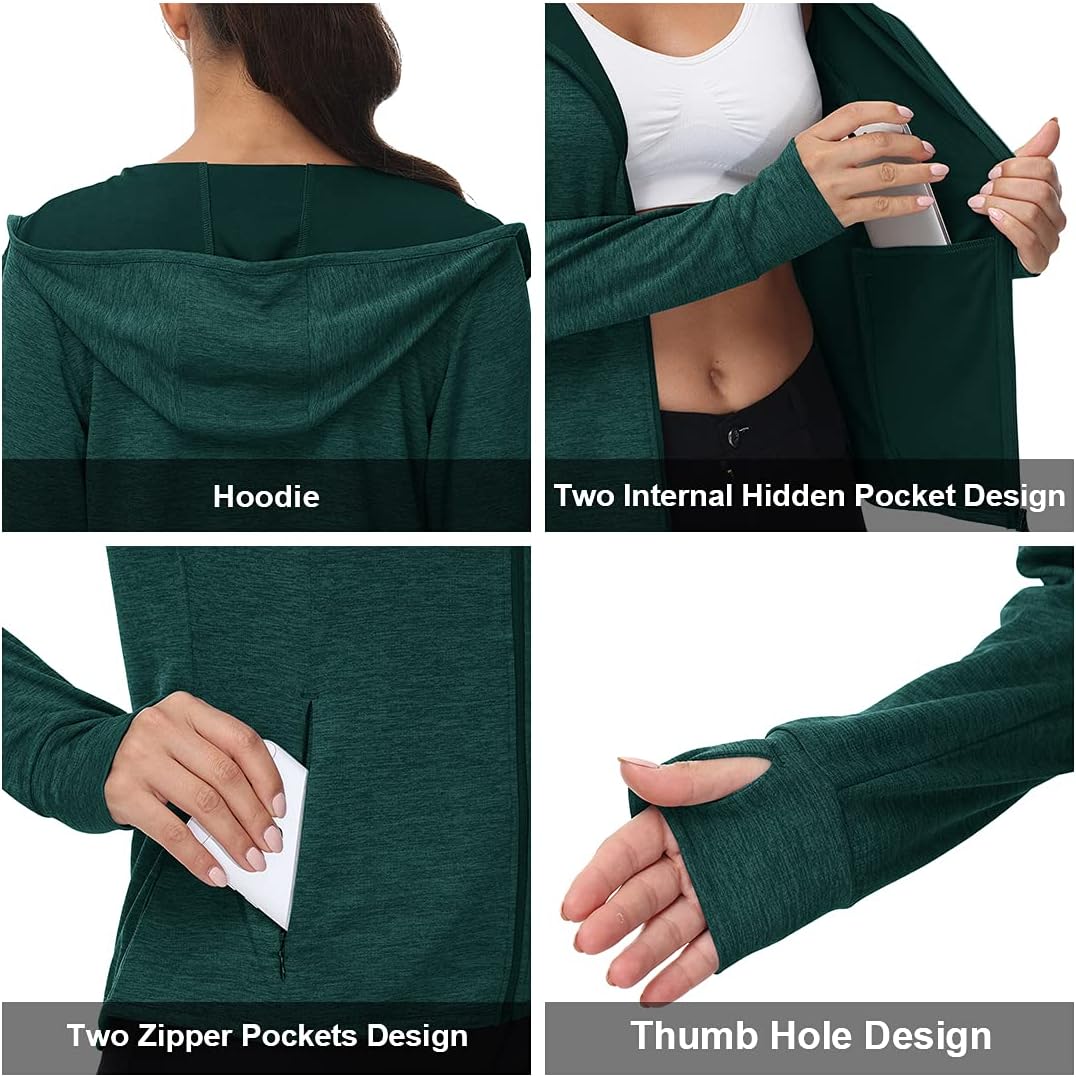 Detalle 2 de donhobo Women’s Running Jackets with Thumb Holes, Zip-Up Hooded Sports Hoodie Top
