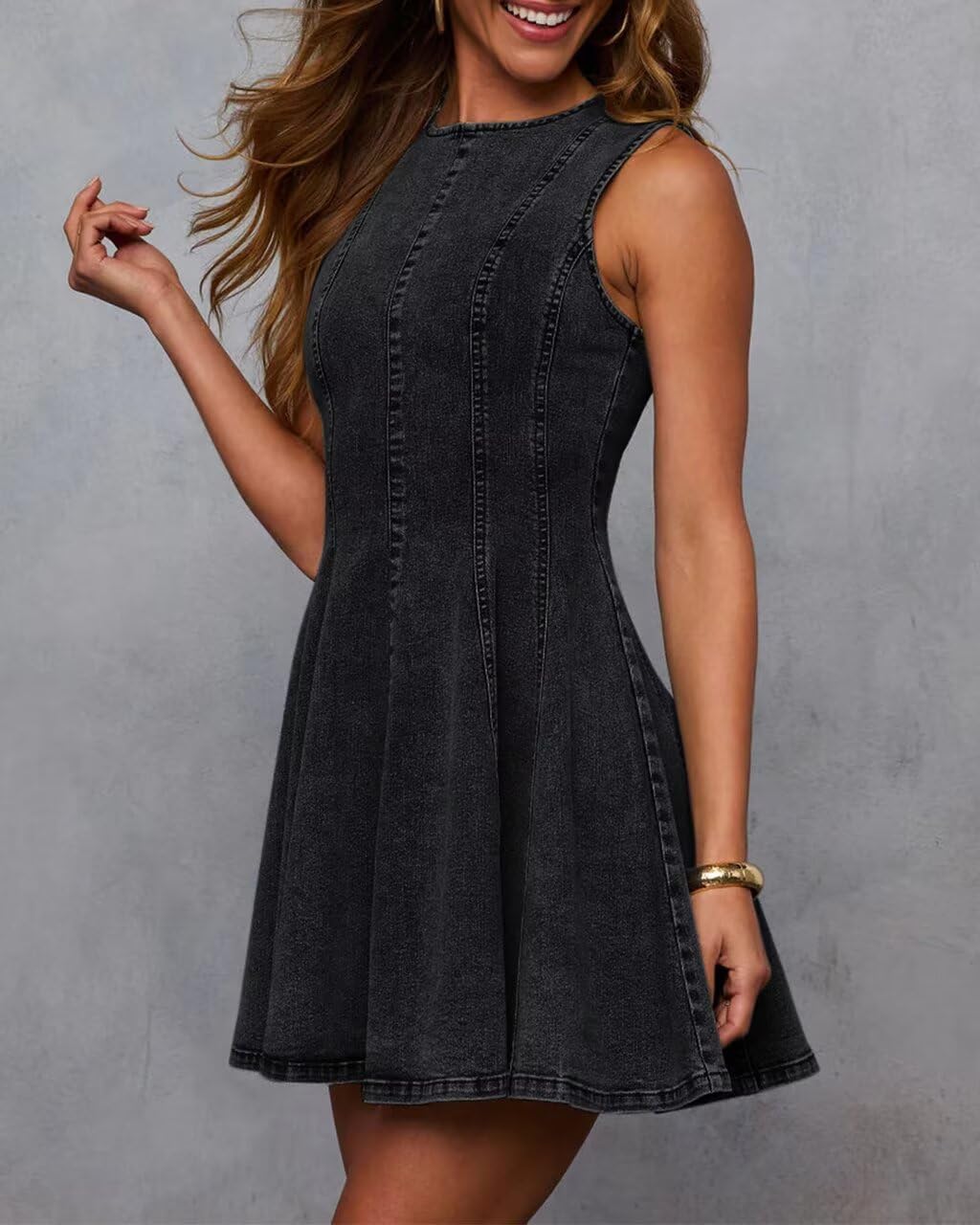 Detalle de KDF Denim Dress for Women: Sleeveless Babydoll Tank, Slim Fit A-Line Denim Dress
