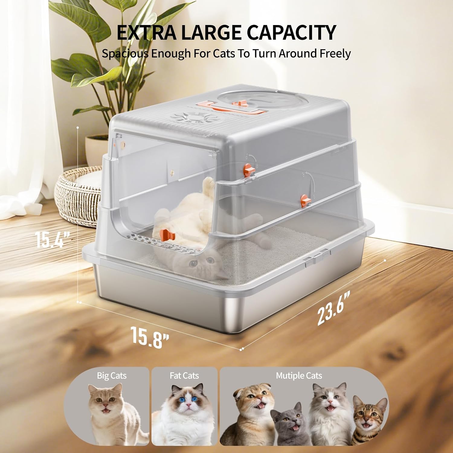 Detalle 2 de Fusblom XL Stainless Steel Enclosed Cat Litter Tray with Lid and Step Mat