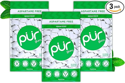 Detalle de PUR Gum Spearmint 😊 Chicle sin azúcar, vegano, 55 piezas (3 paquetes)