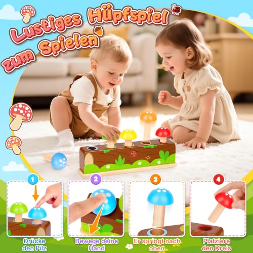 Detalle 2 de Molleyzi Montessori Pop Up Holzspielzeug ab 12–18 Monaten – Motorikspielzeug mit 5 Pilzen